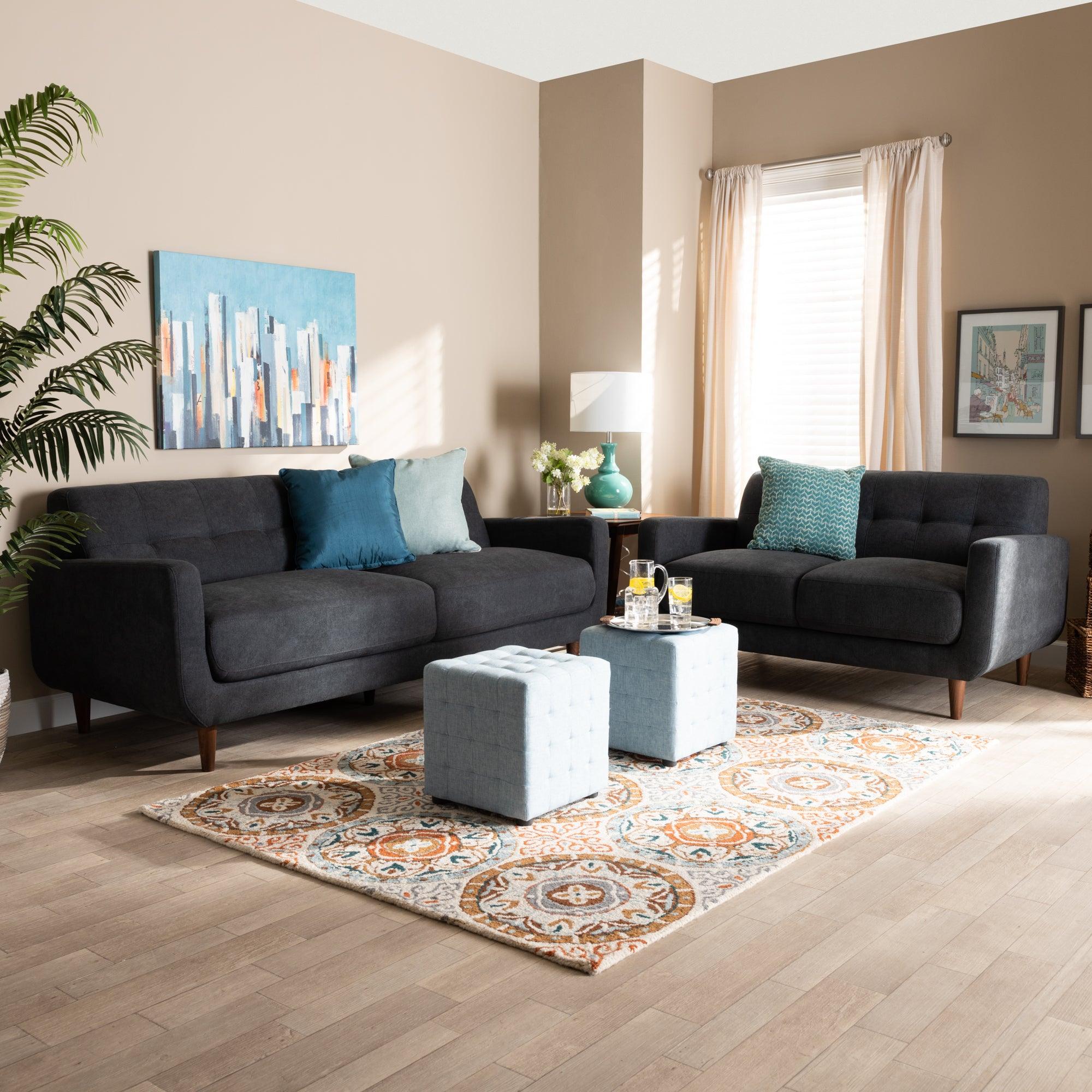 Allister Mid-Century Modern Dark Fabric Upholstered 2-Piece Living Room Set