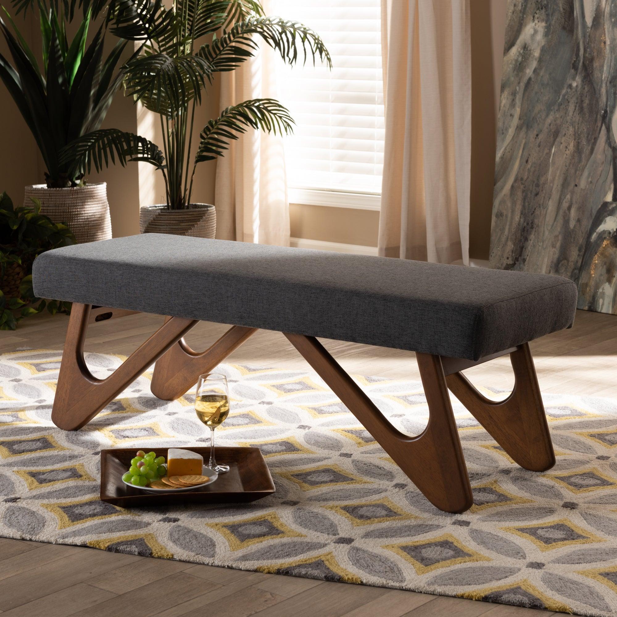 Rika Mid-Century Modern Dark Fabric Upholstered Finished Boomerang Bench