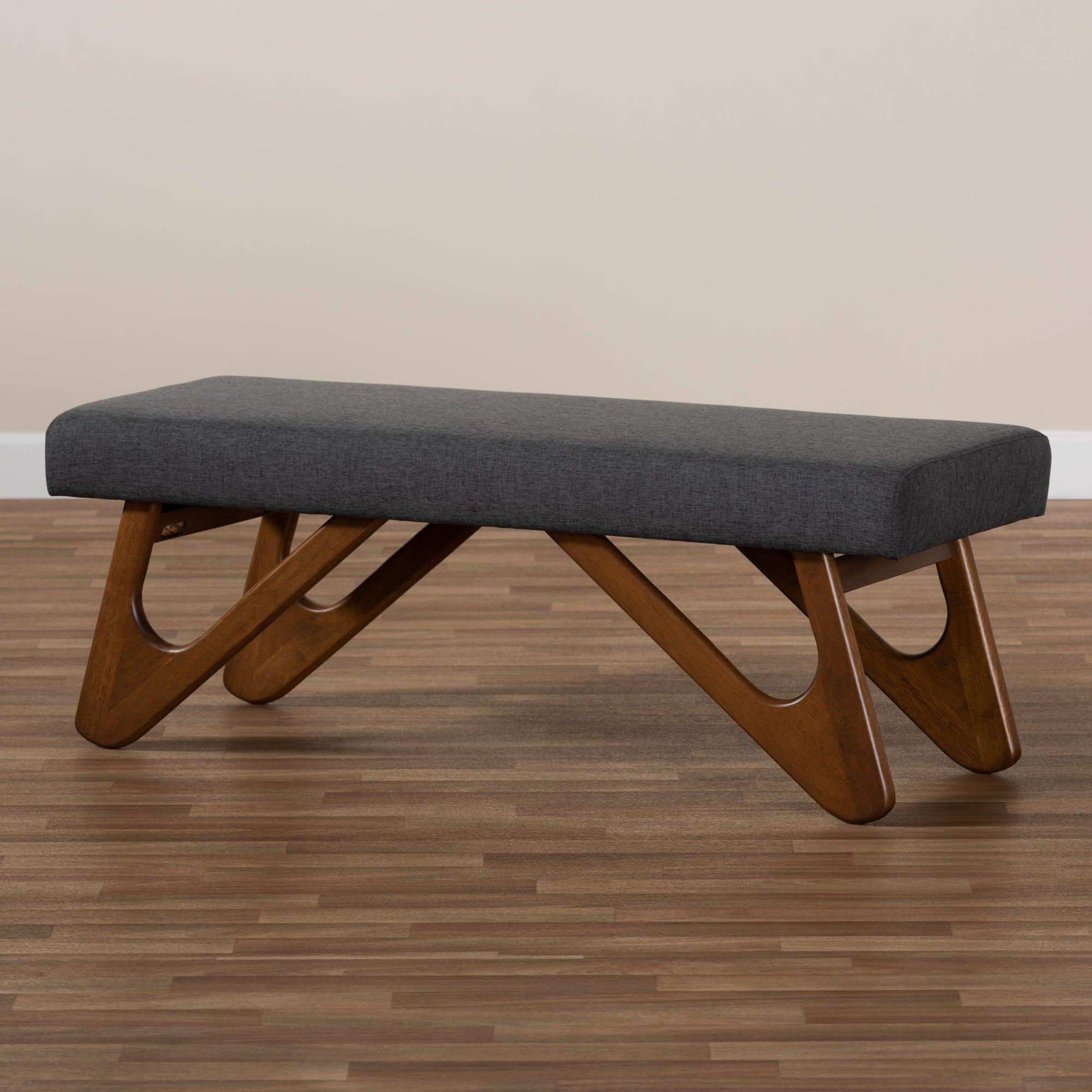 Rika Mid-Century Modern Dark Fabric Upholstered Finished Boomerang Bench