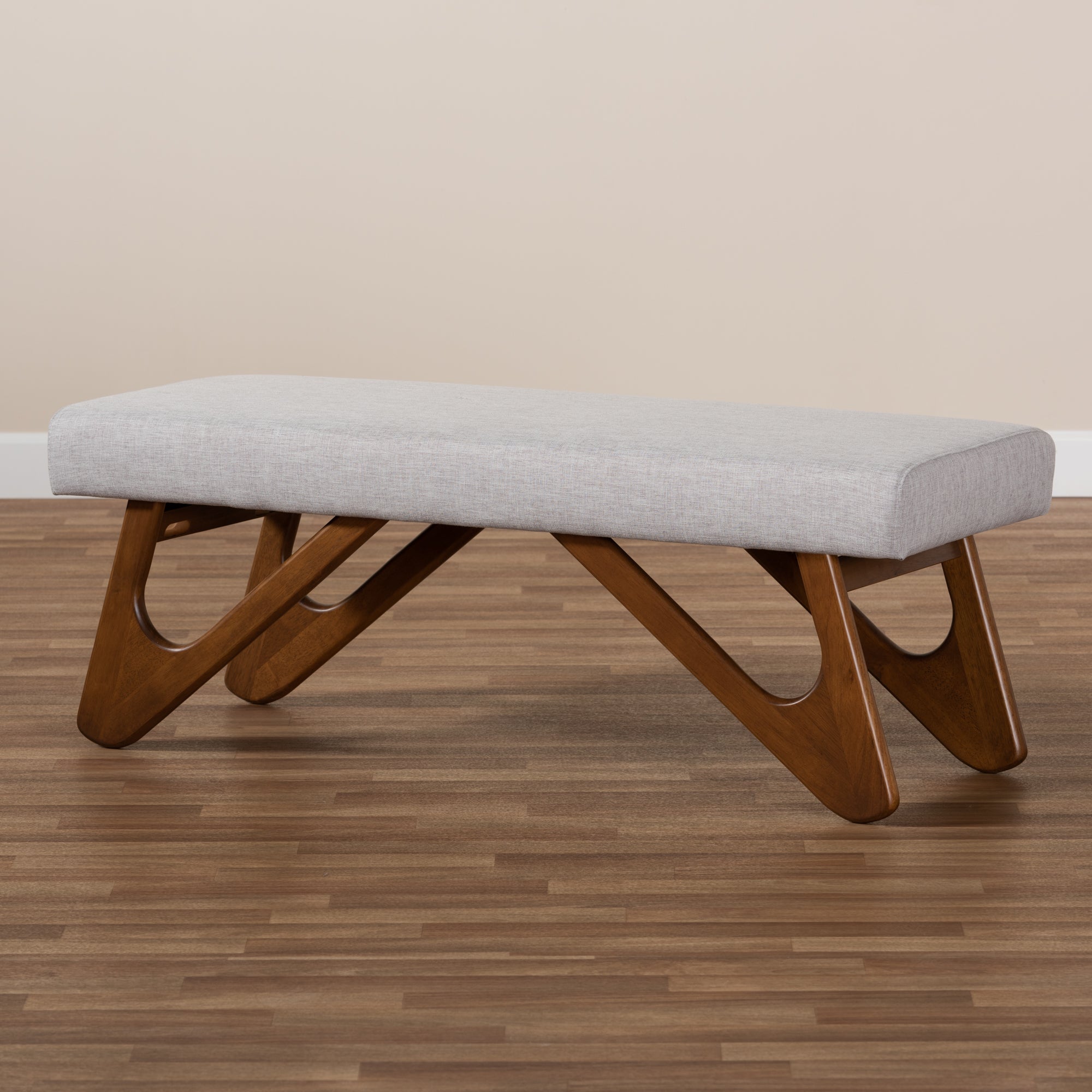 Rika Mid-Century Modern Fabric Upholstered Finished Boomerang Bench