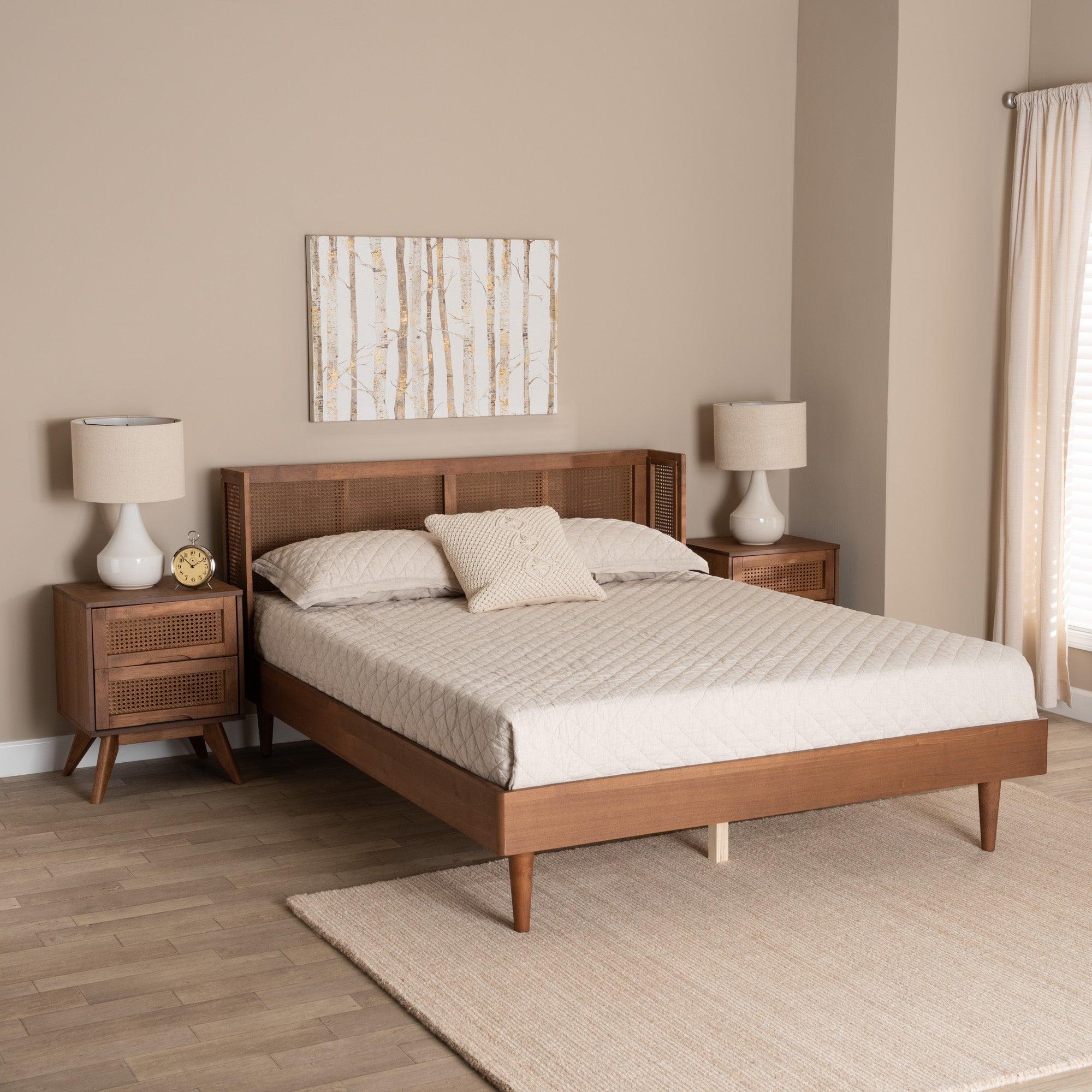 Rina Mid-Century Modern Ash Finished Wood 3-Piece Bedroom Set with Synthetic Rattan