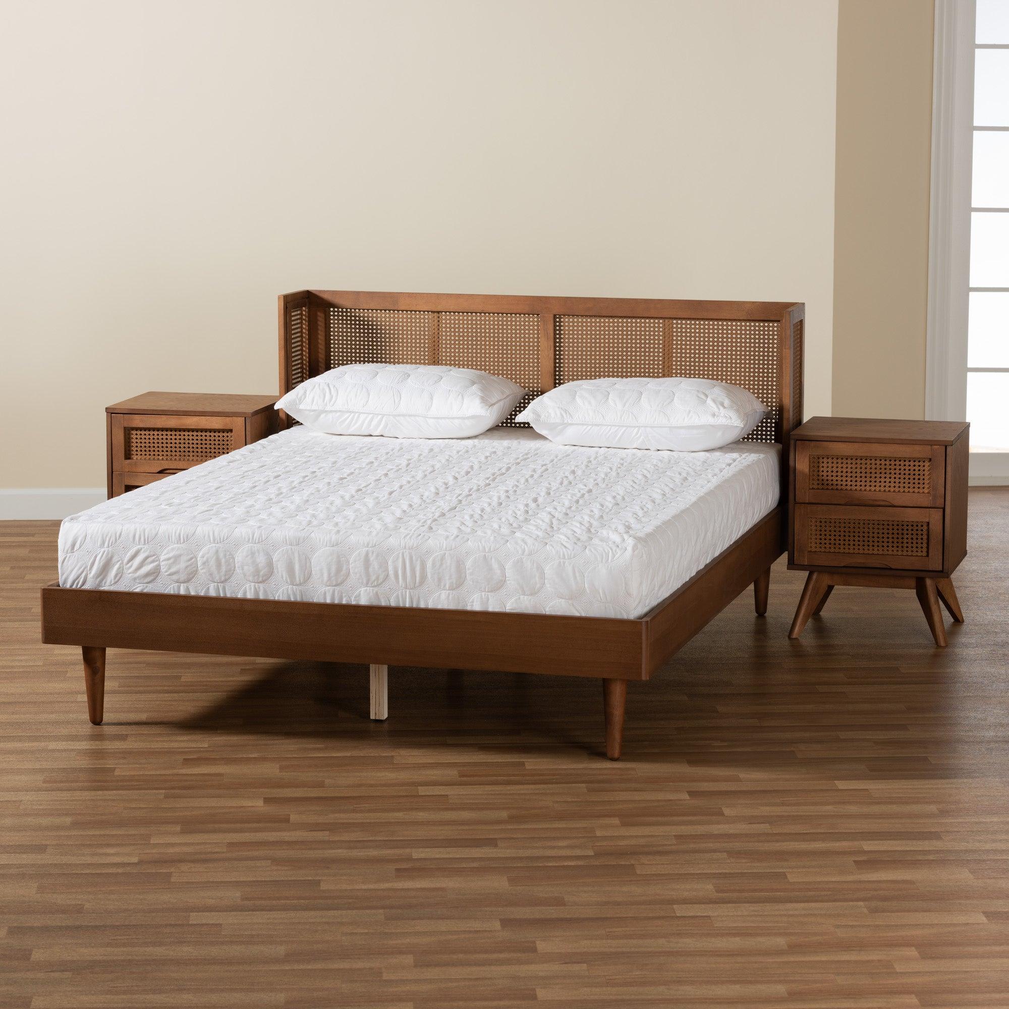 Rina Mid-Century Modern Ash Finished Wood 3-Piece Bedroom Set with Synthetic Rattan