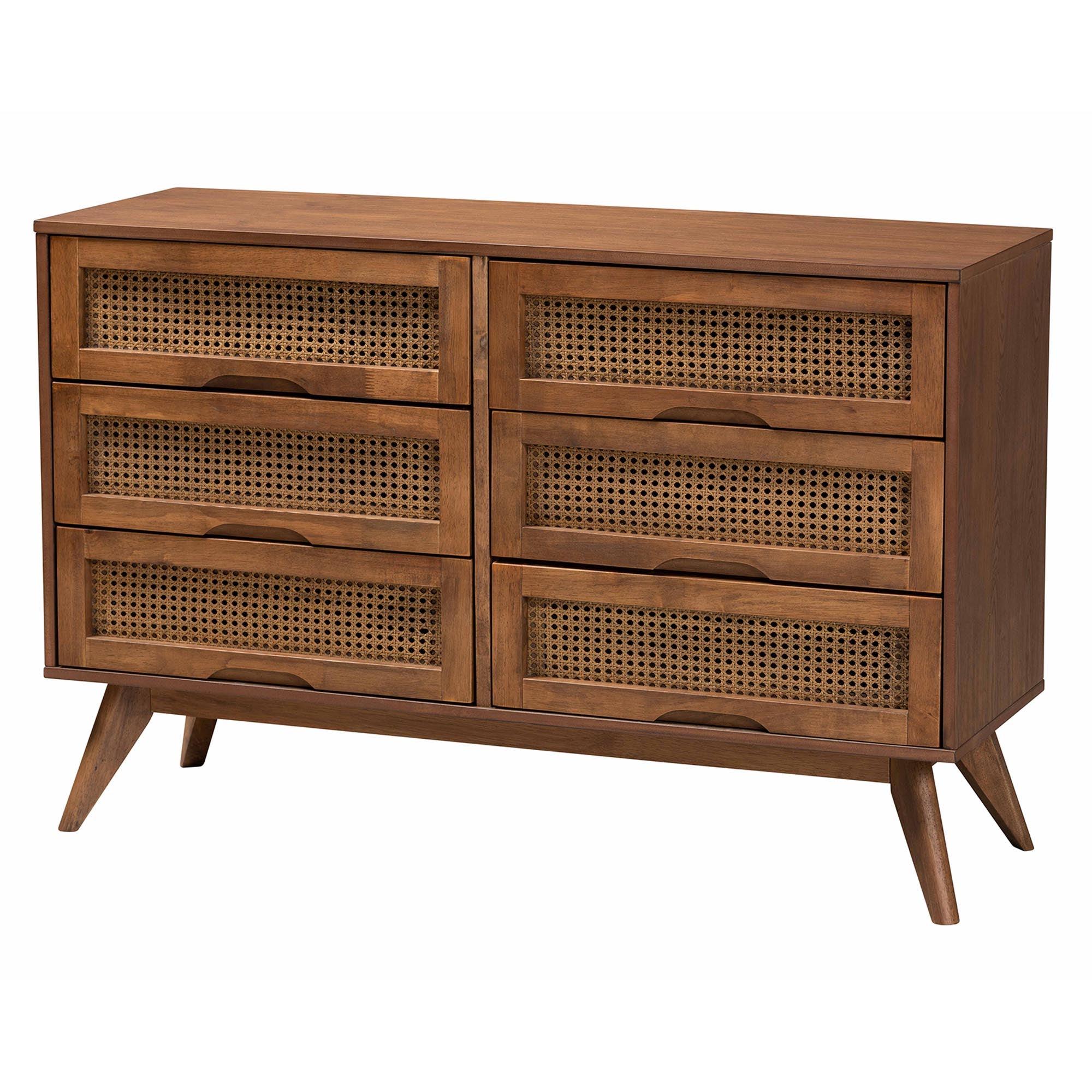 Nura Mid-Century Modern Finished Wood and Rattan 5-Piece Bedroom Set