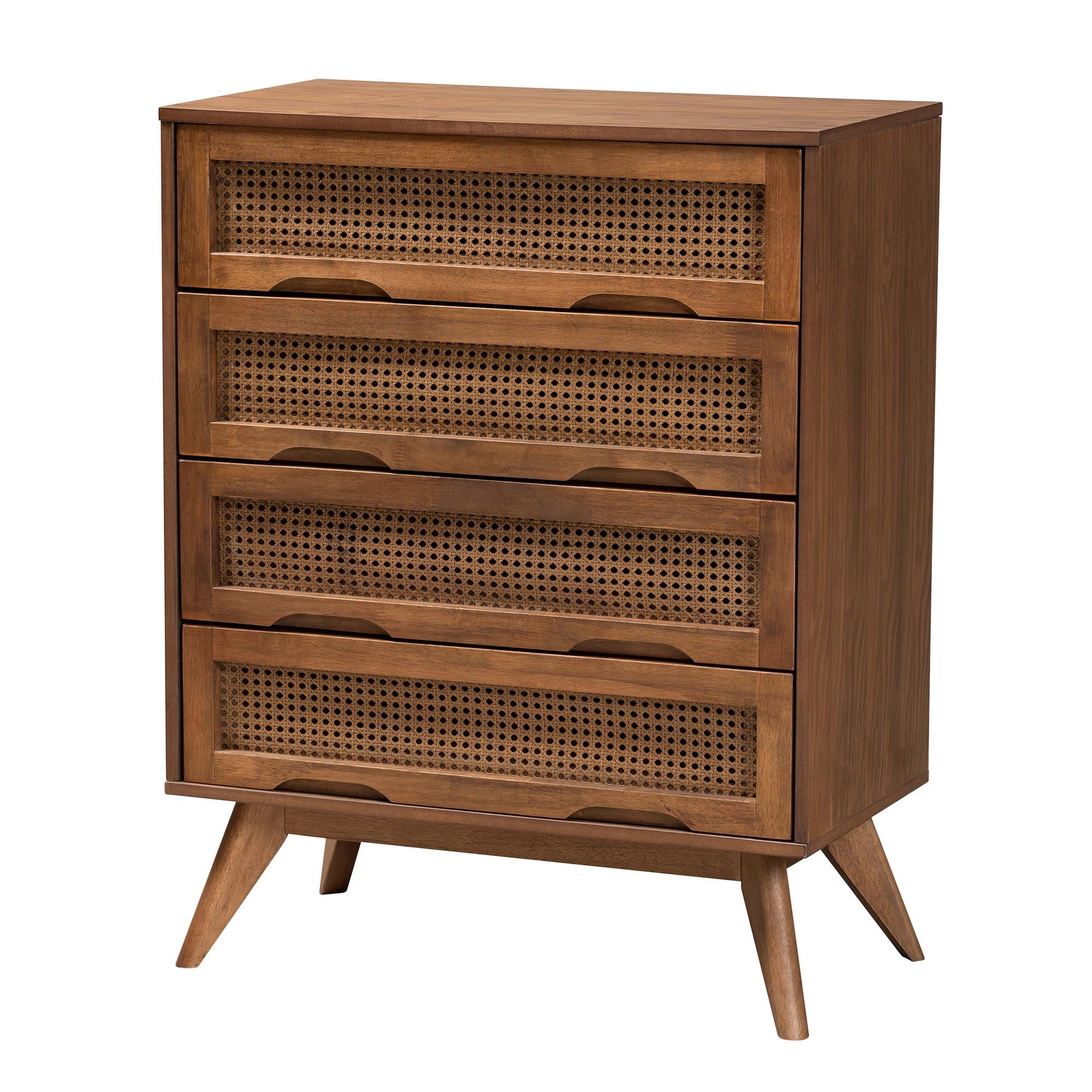 Nura Mid-Century Modern Finished Wood and Rattan 4-Piece Bedroom Set