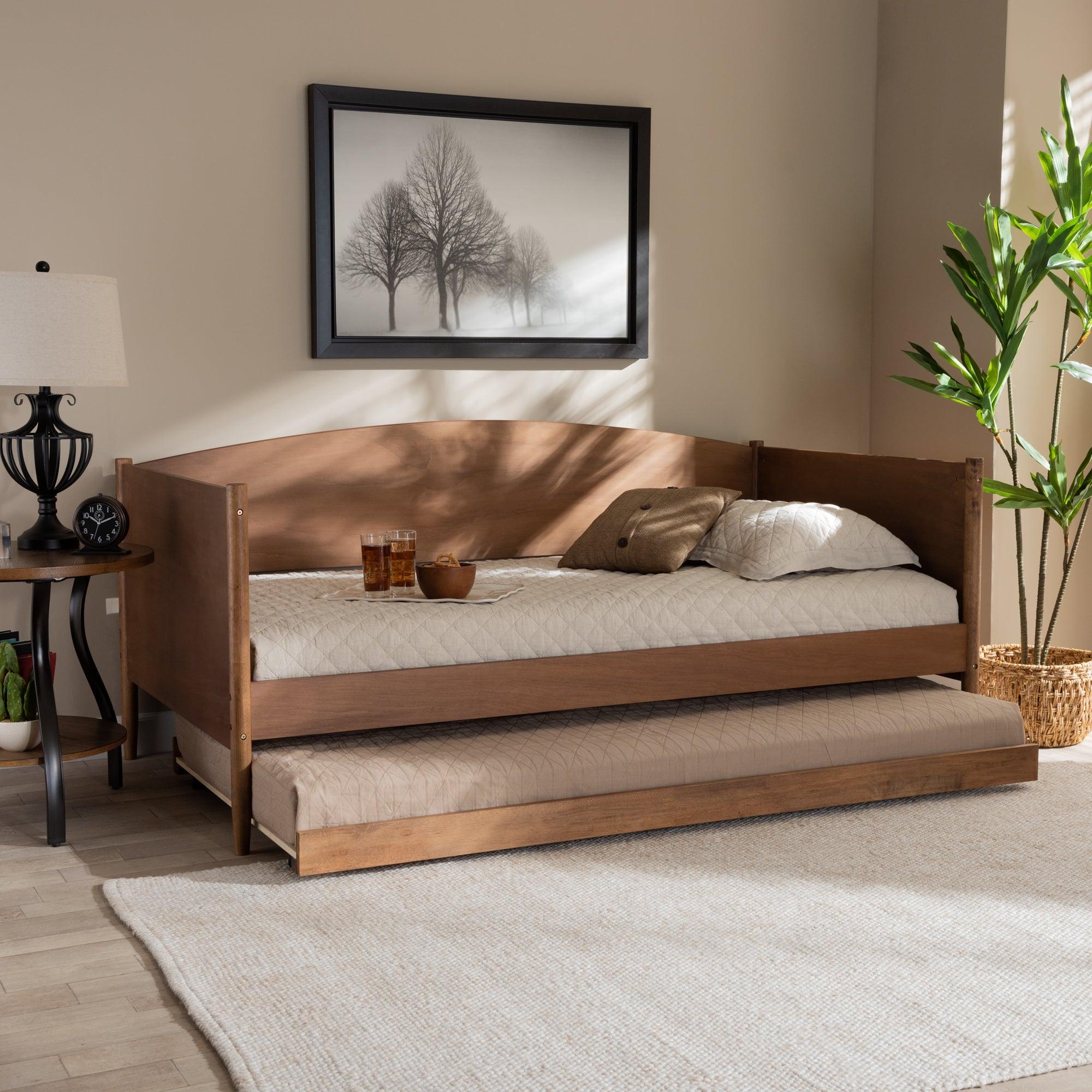 Veles Mid-Century Modern Ash Wanut Finished Wood Daybed with Trundle