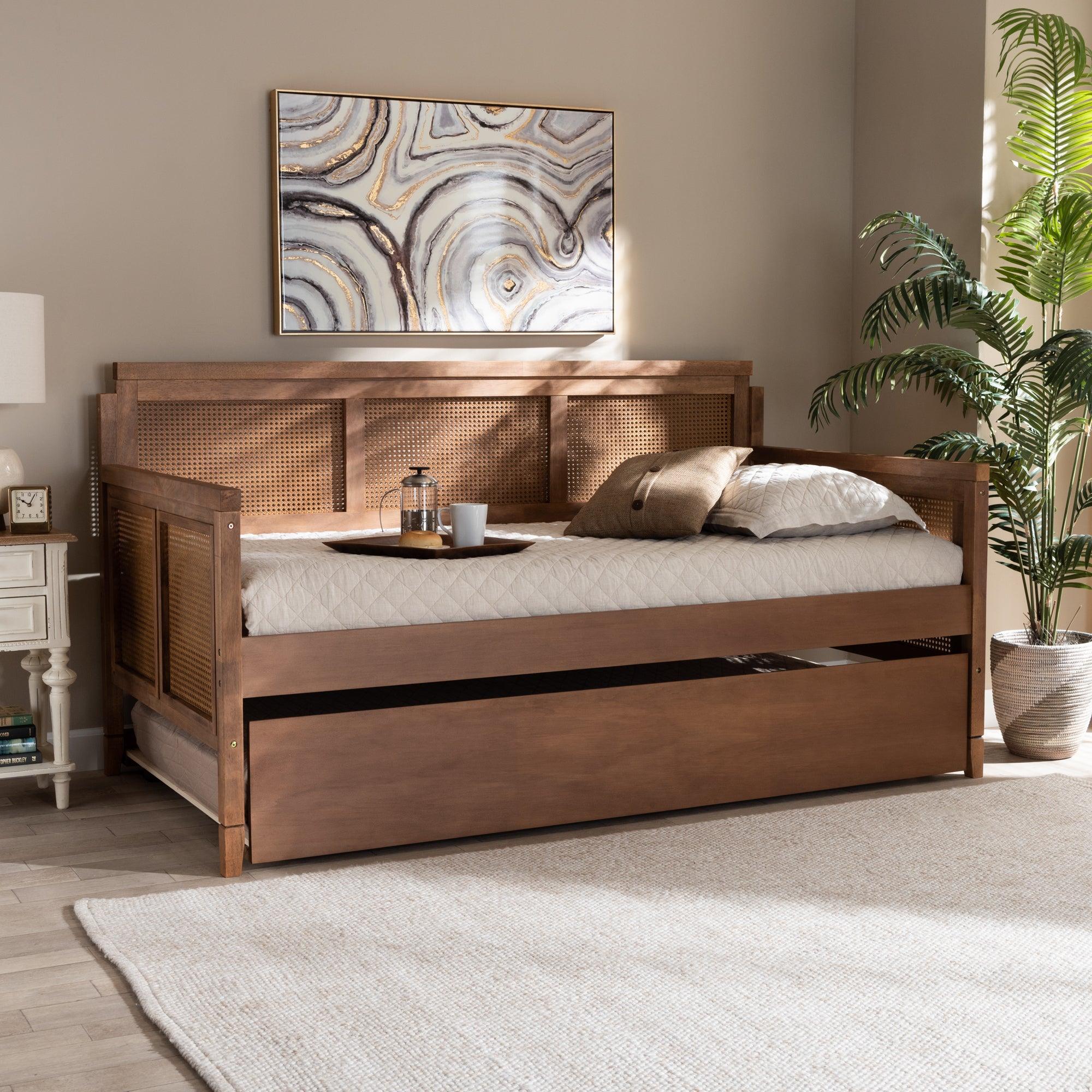 Toveli Vintage French Inspired Ash Wanut Finished Wood and Synthetic Rattan Daybed