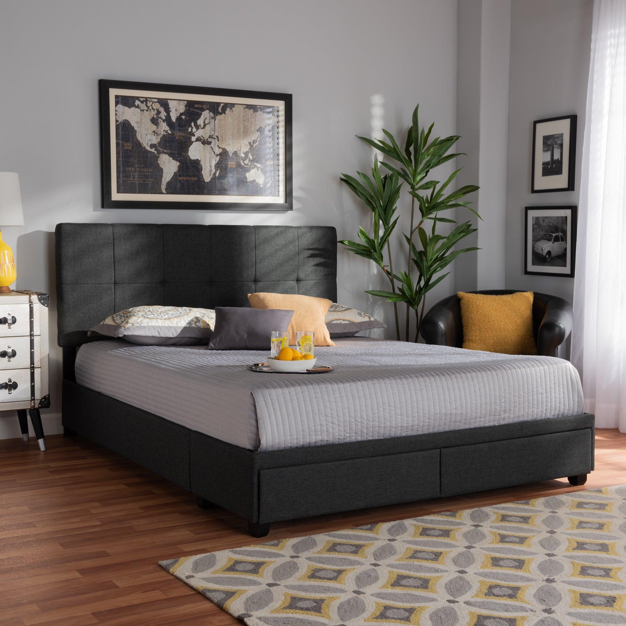 Netti Dark Fabric Upholstered 2-Drawer Platform Storage Bed