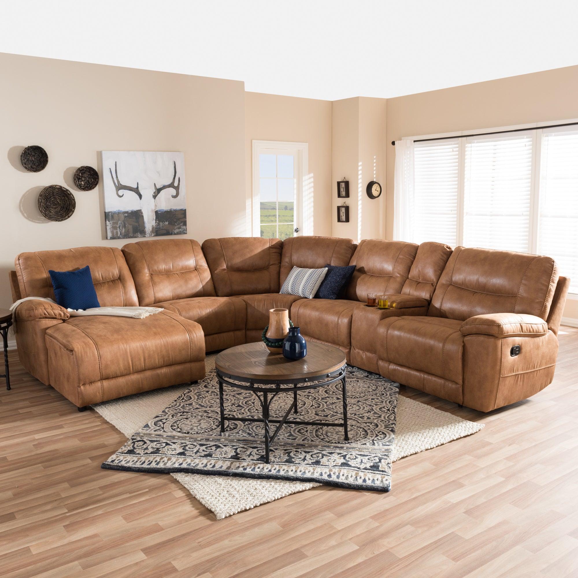 Mistral Modern and Contemporary Light Palomino Suede 6-Piece Sectional with Recliners Corner Lounge Suite