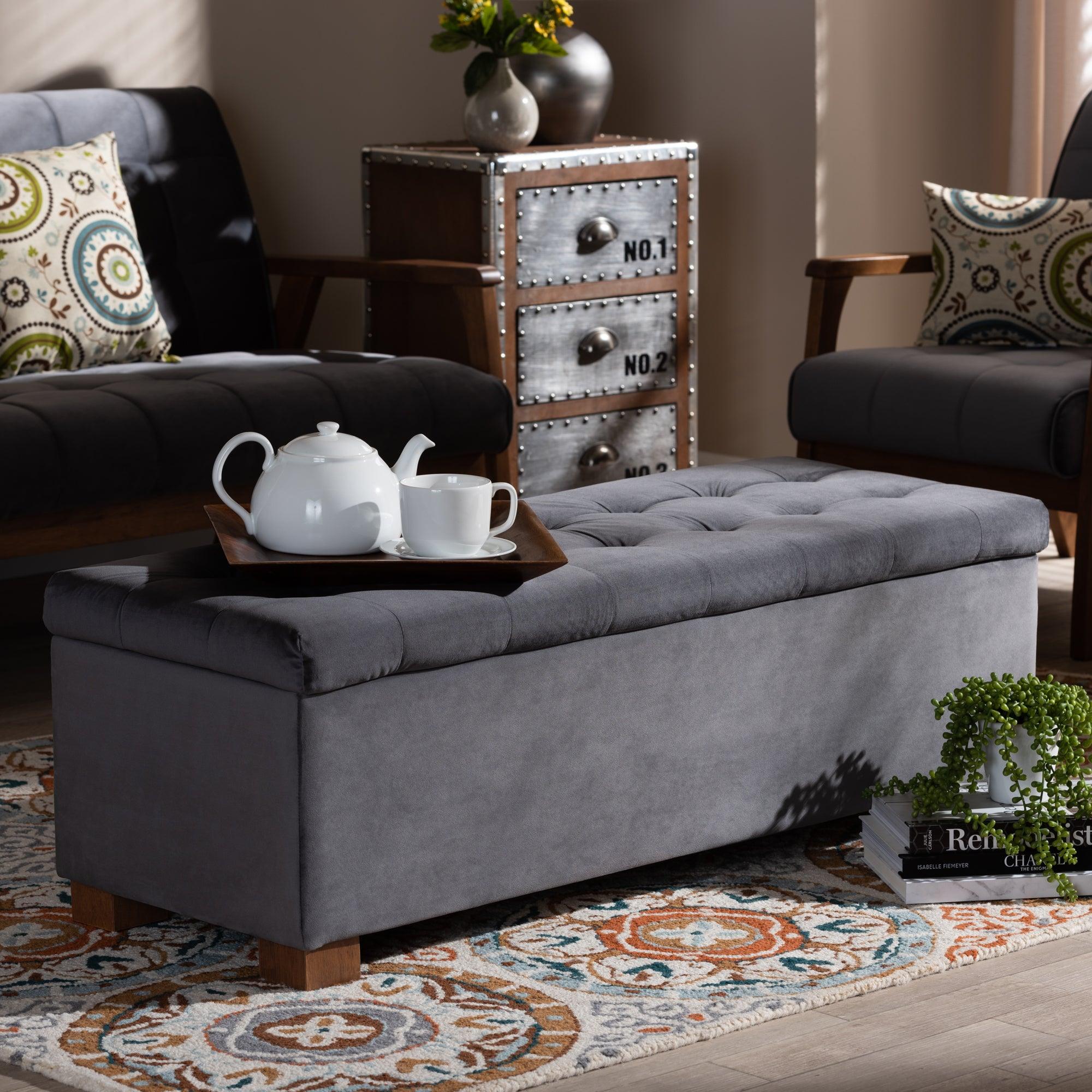 Roanoke Modern and Contemporary Velvet Fabric Upholstered Grid-Tufted Storage Ottoman