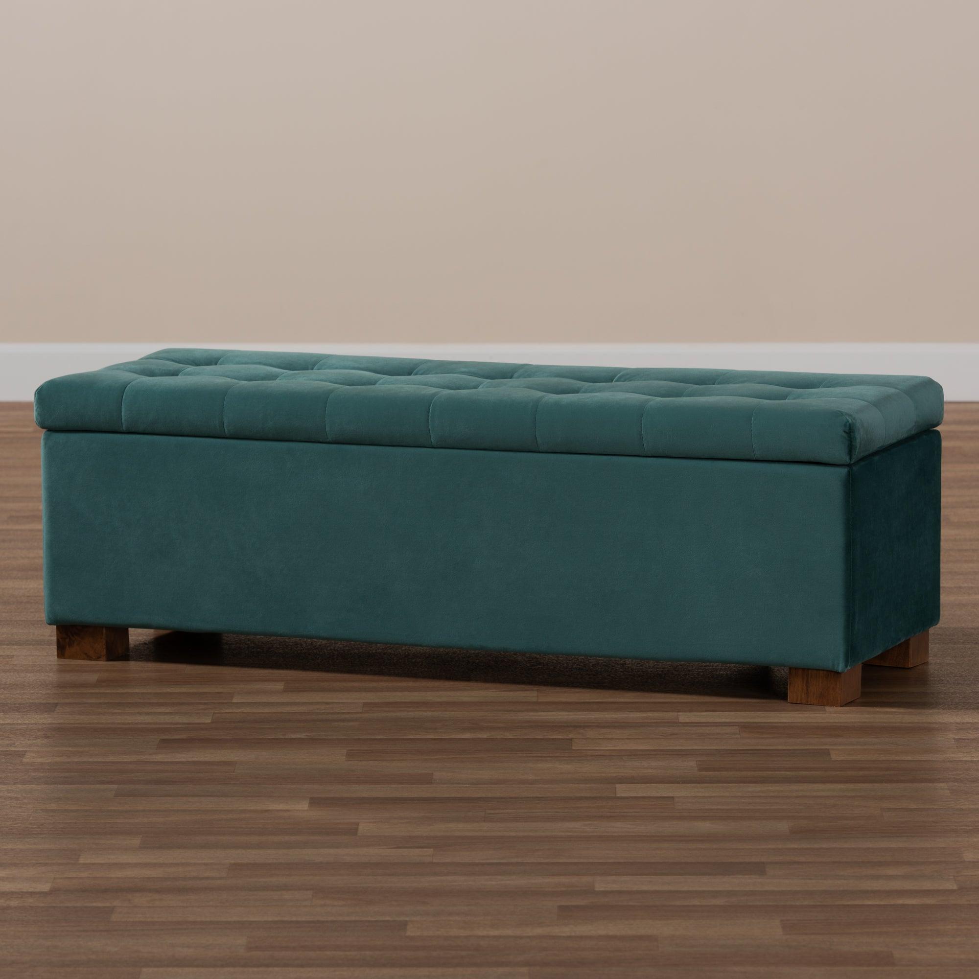 Roanoke Modern and Contemporary Teal Velvet Fabric Upholstered Grid-Tufted Storage Ottoman Bench
