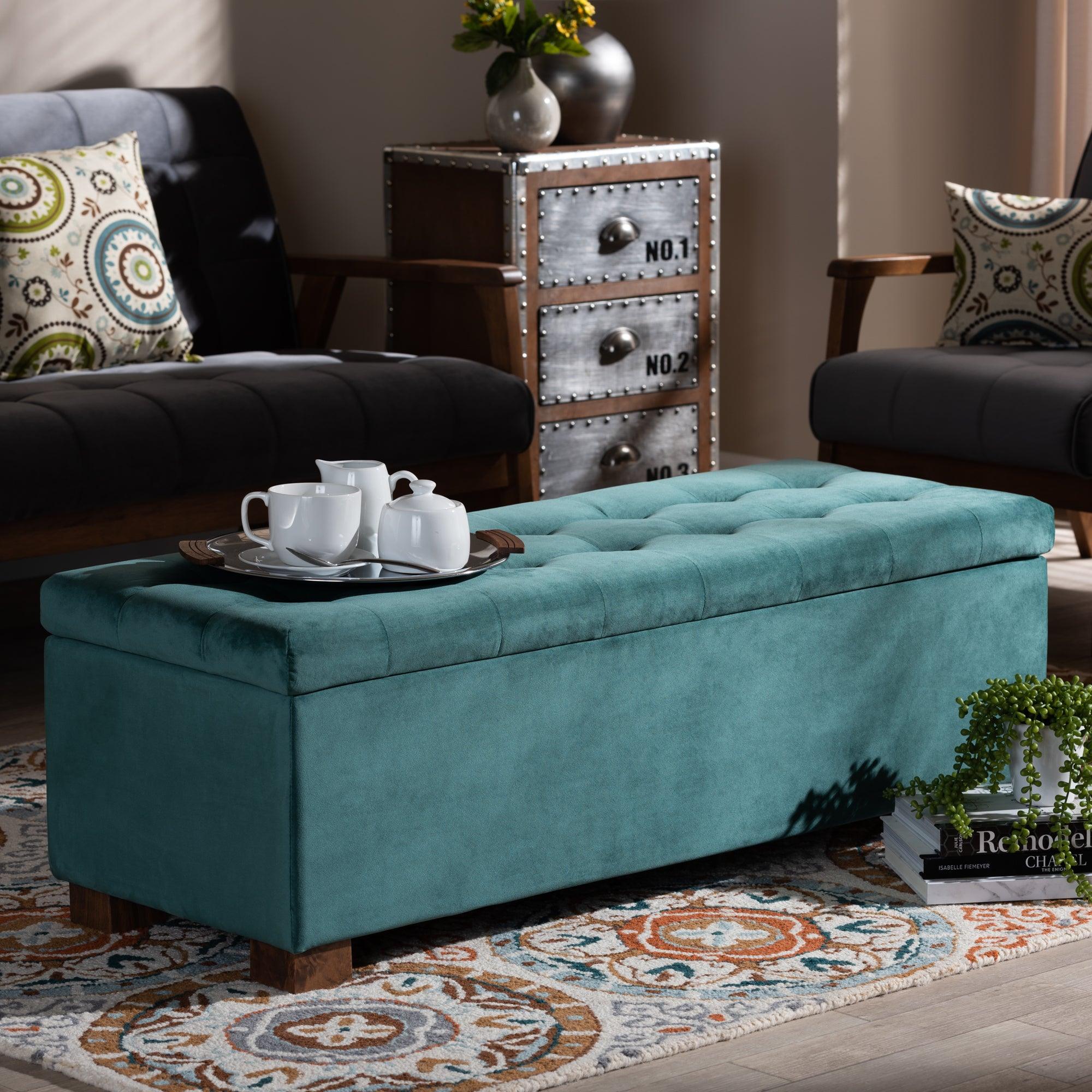 Roanoke Modern and Contemporary Teal Velvet Fabric Upholstered Grid-Tufted Storage Ottoman