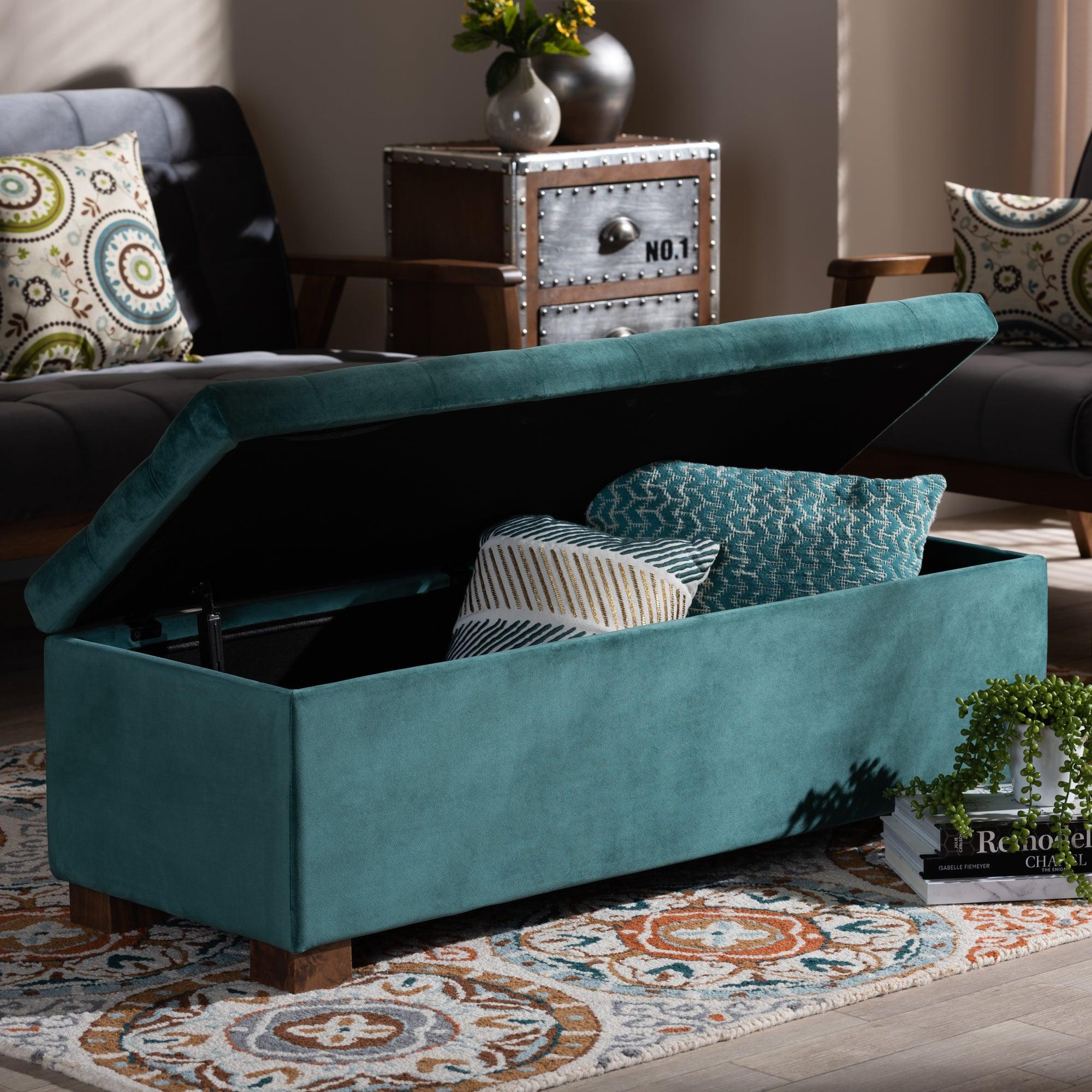 Roanoke Modern and Contemporary Teal Velvet Fabric Upholstered Grid-Tufted Storage Ottoman Bench