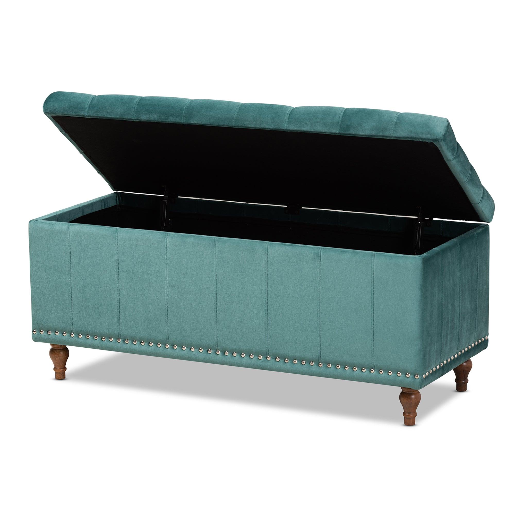 Kaylee Modern and Contemporary Teal Velvet Fabric Upholstered Button-Tufted Storage Ottoman
