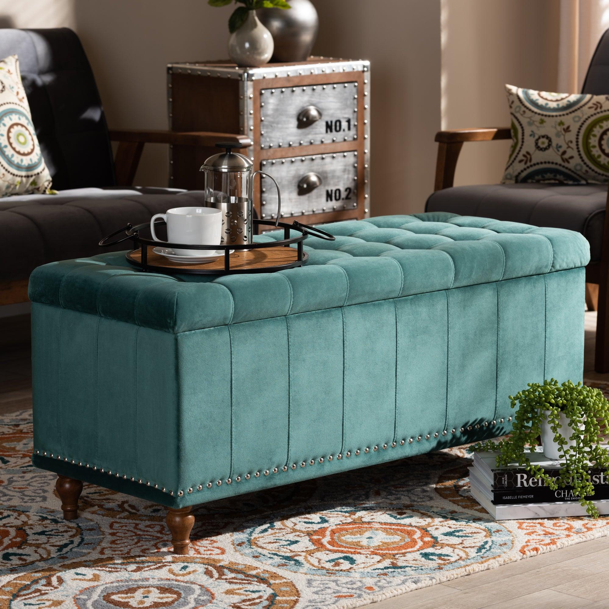Kaylee Modern and Contemporary Teal Velvet Fabric Upholstered Button-Tufted Storage Ottoman