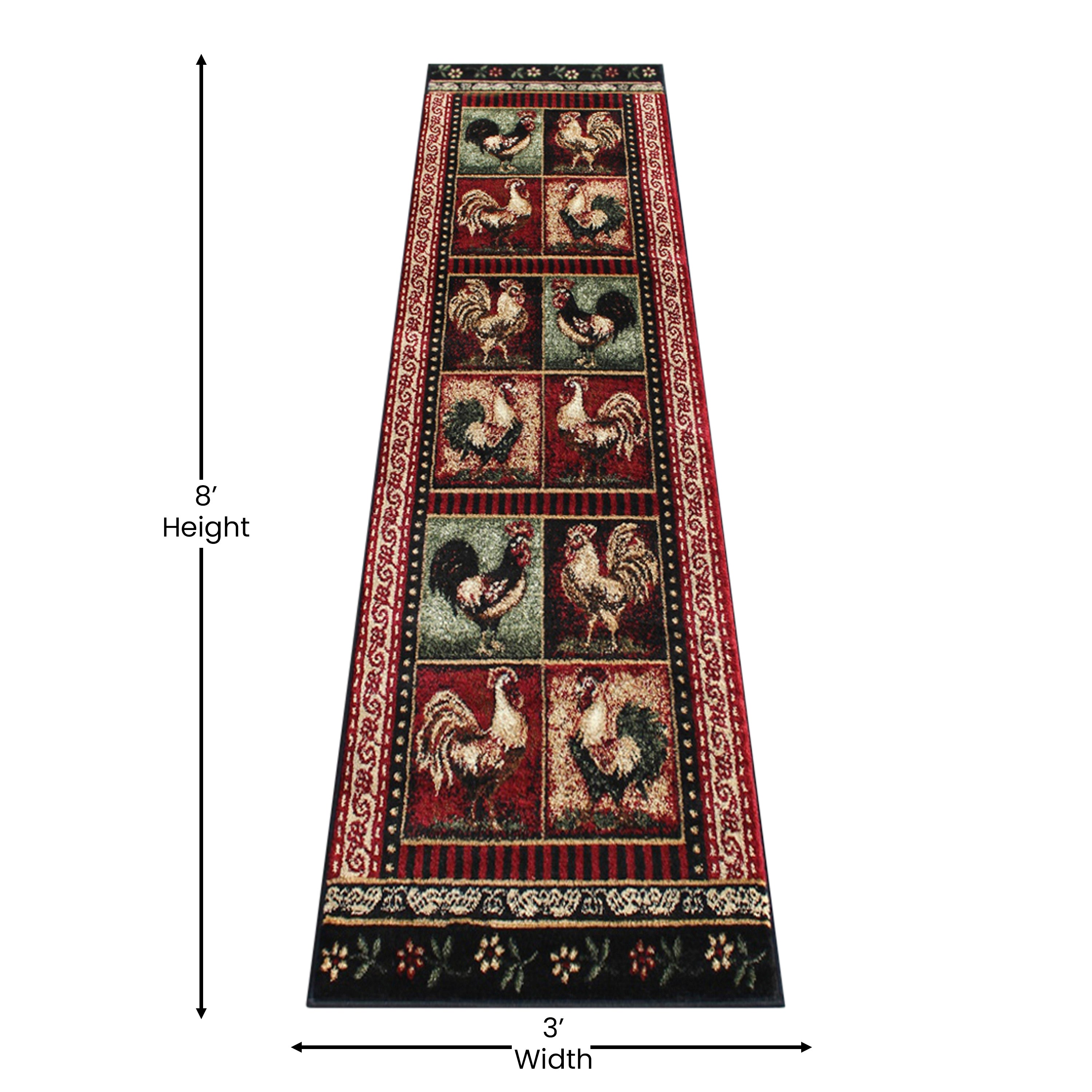 Gallus Collection Rooster Themed Olefin Area Rug with Jute Backing for Kitchen, Living Room, Bedroom