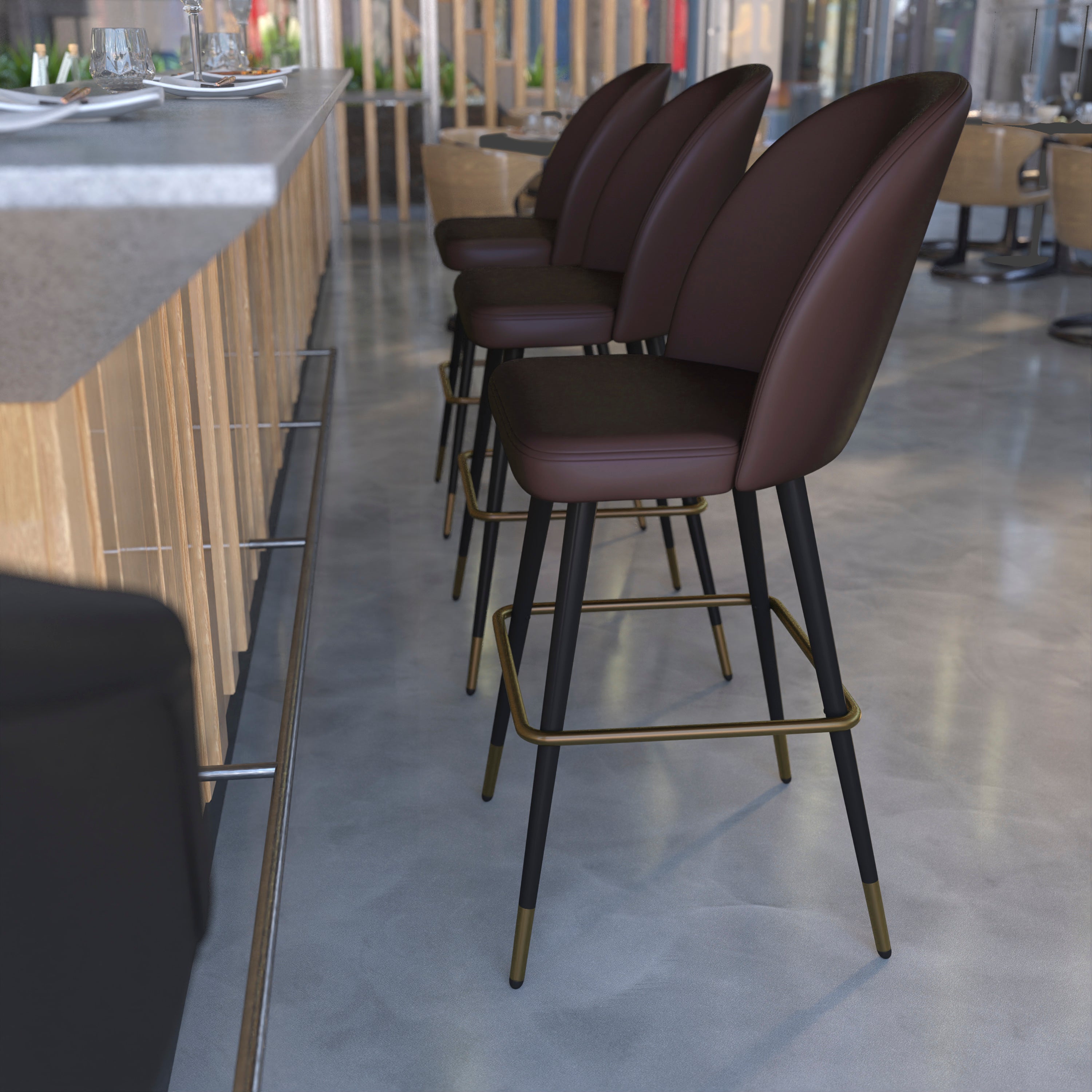 Lyla Modern Armless Barstools with Contoured Backrest, Steel Frame and Integrated Footrest - Set of 2