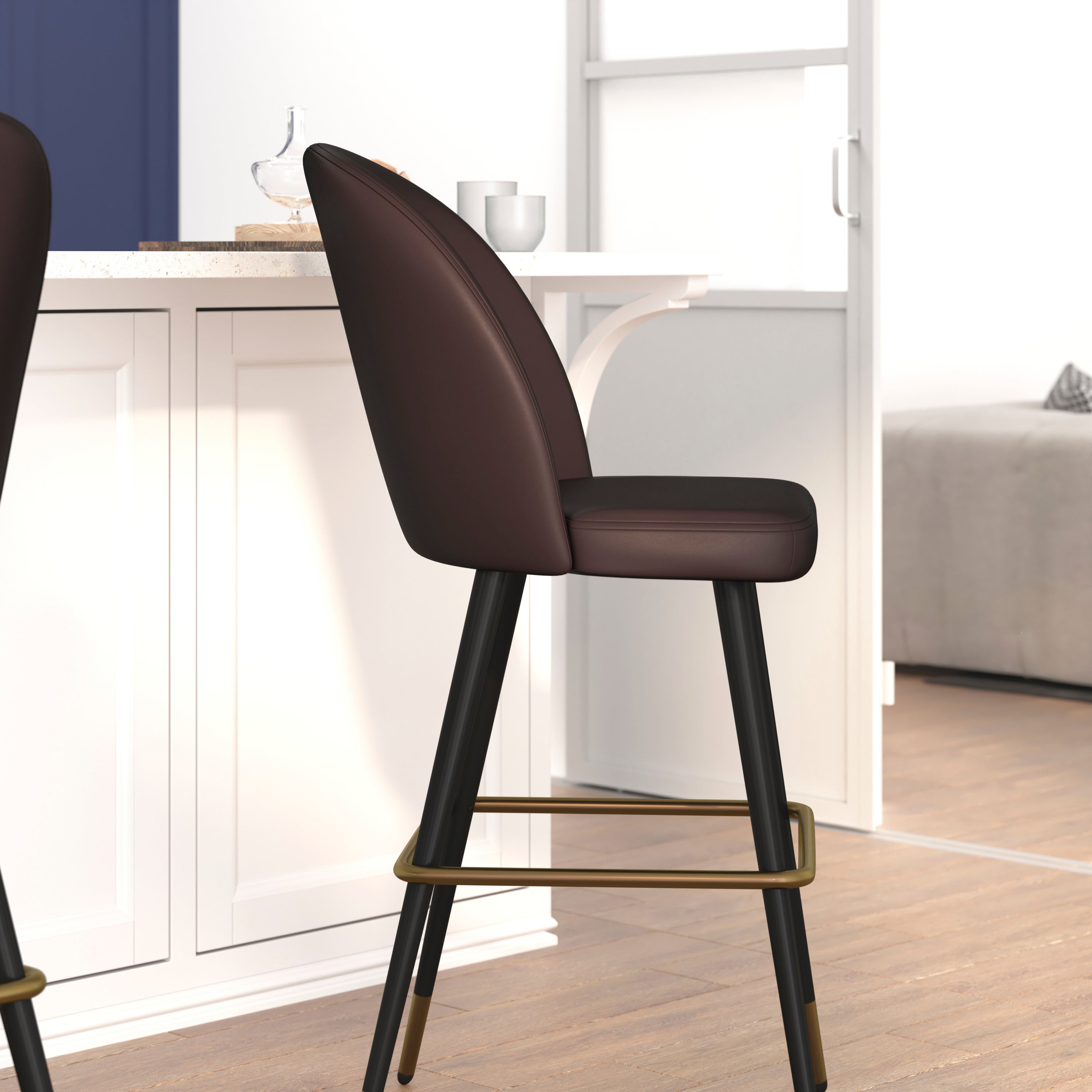Lyla Modern Armless Barstools with Contoured Backrest, Steel Frame and Integrated Footrest - Set of 2