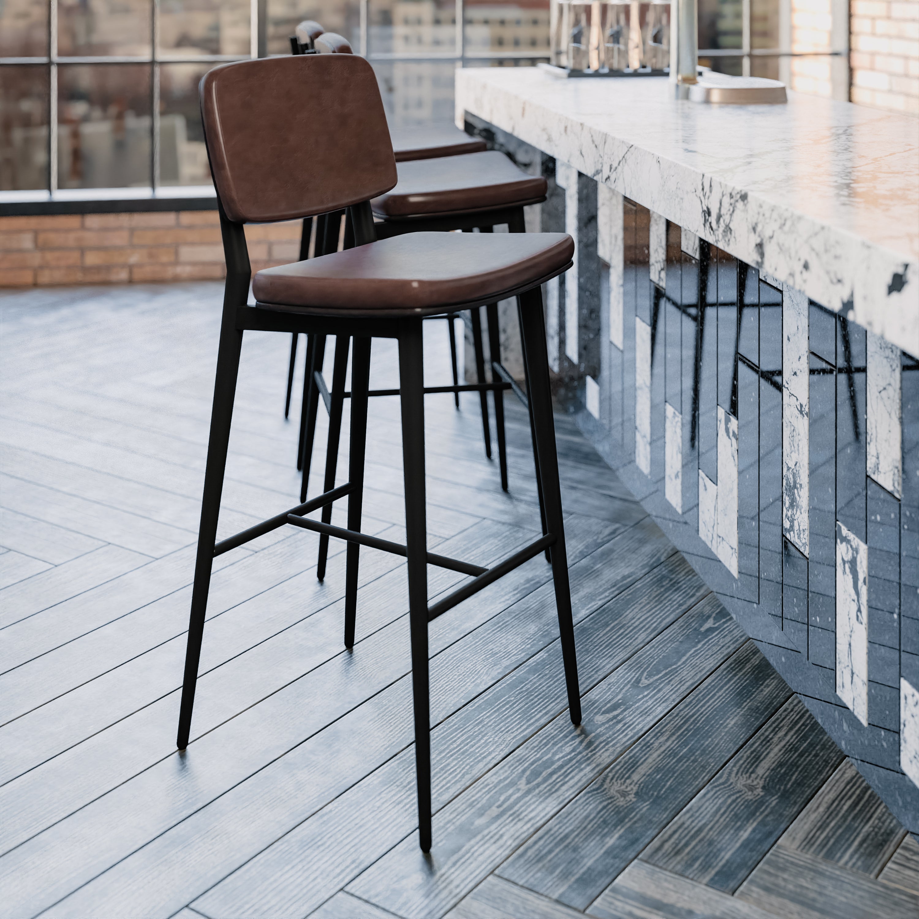 Kenzie Mid-Back Barstools - LeatherSoft Upholstery - Iron Frame with Integrated Footrest - Set of 2
