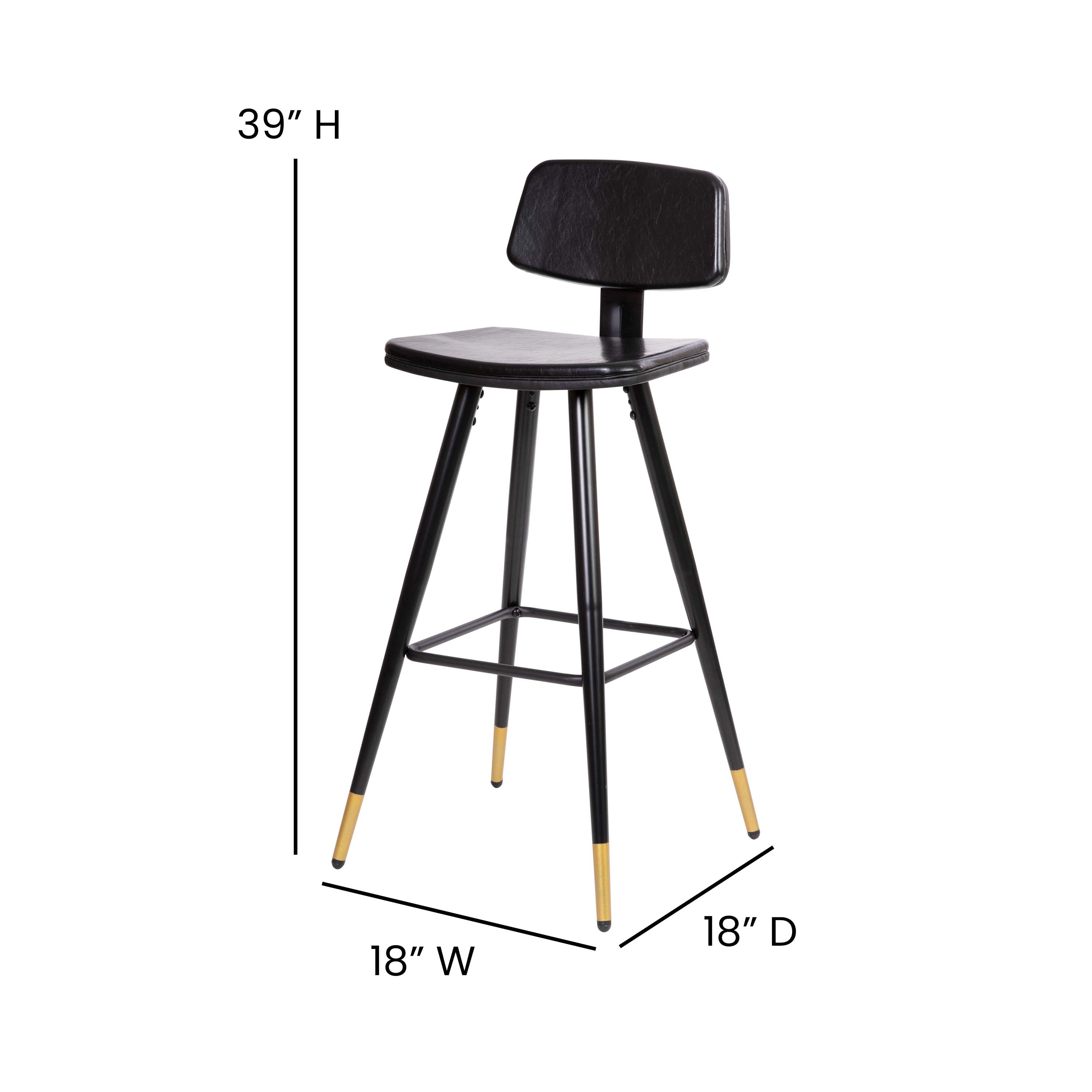 Kora Low Back Barstools-LeatherSoft Upholstery-Iron Frame-Integrated Footrest-Gold Tipped Legs-Set of 2