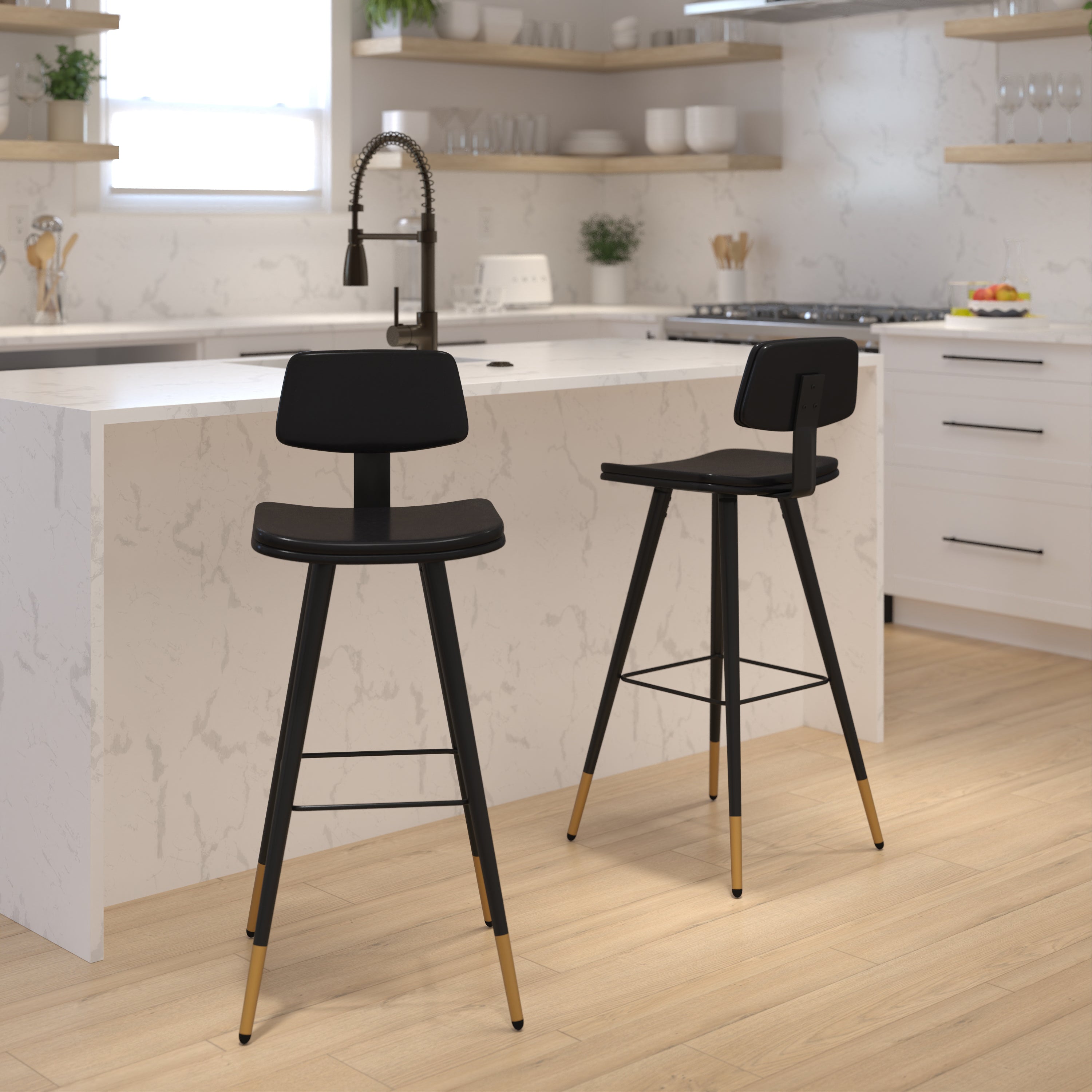 Kora Low Back Barstools-LeatherSoft Upholstery-Iron Frame-Integrated Footrest-Gold Tipped Legs-Set of 2