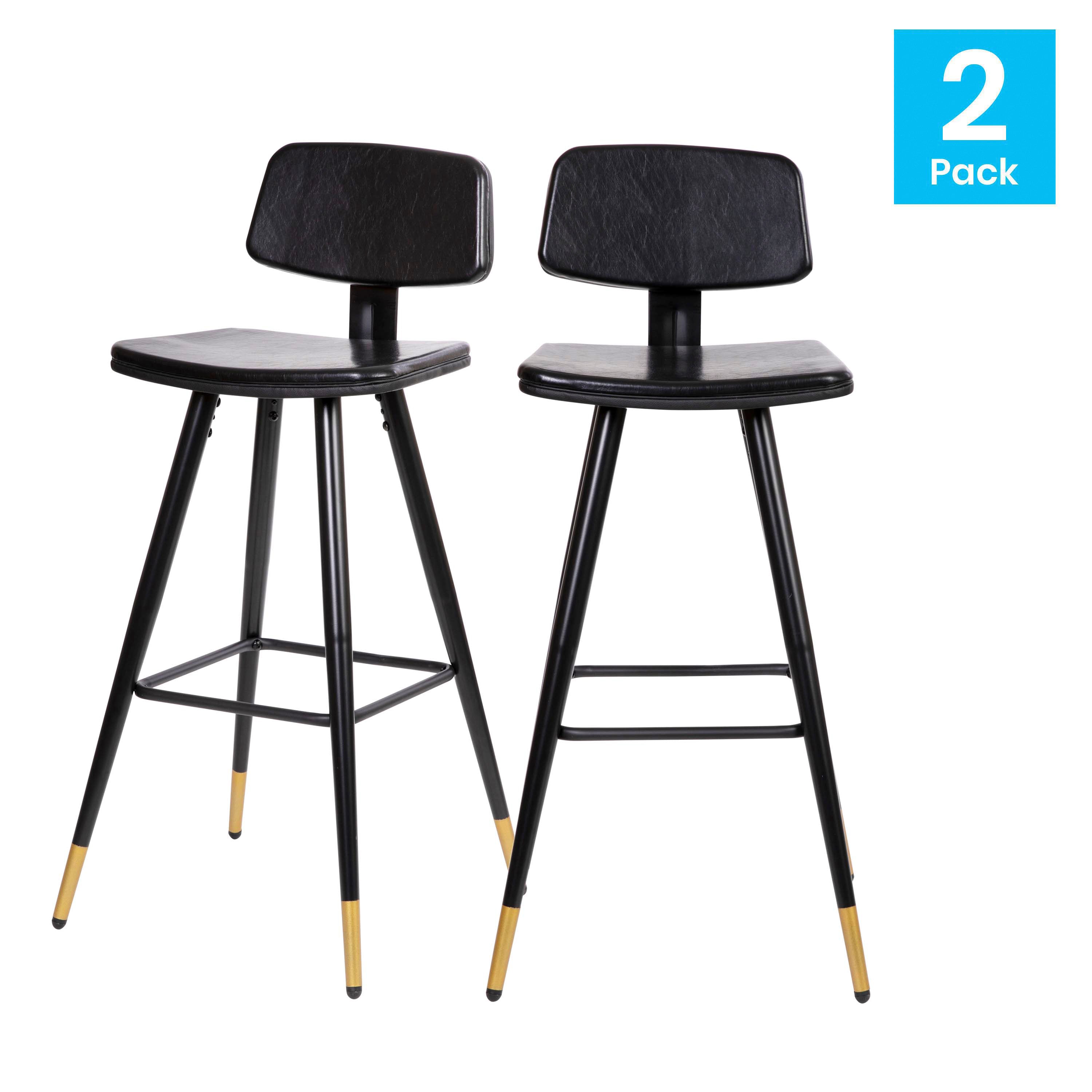 Kora Low Back Barstools-LeatherSoft Upholstery-Iron Frame-Integrated Footrest-Gold Tipped Legs-Set of 2