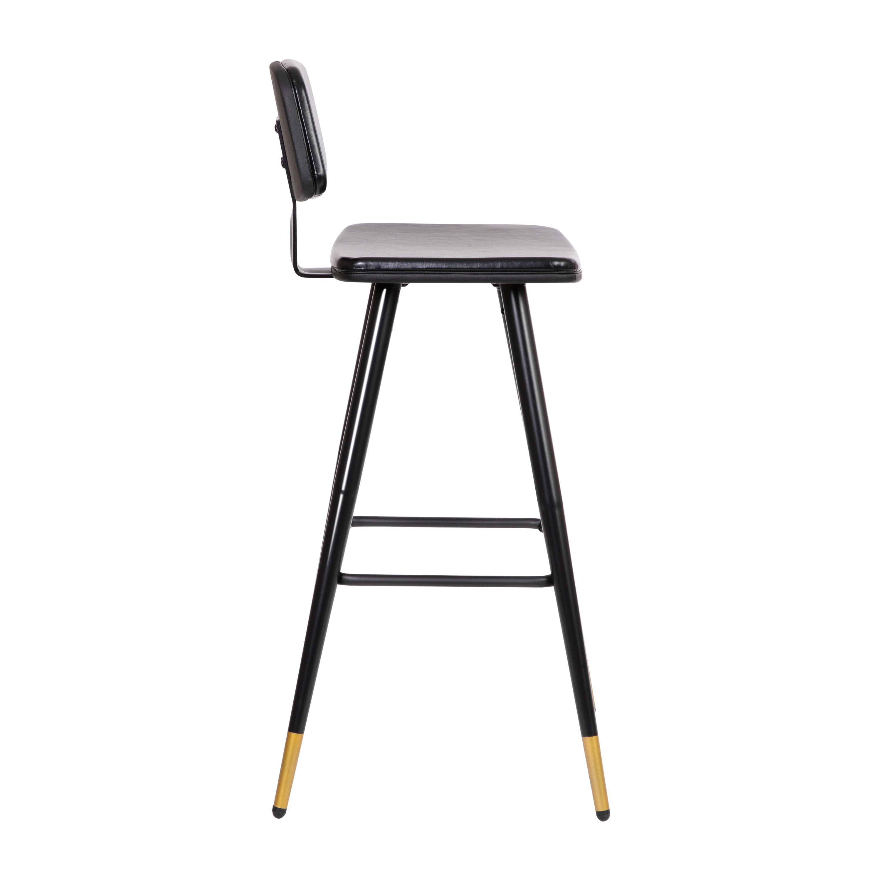 Kora Low Back Barstools-LeatherSoft Upholstery-Iron Frame-Integrated Footrest-Gold Tipped Legs-Set of 2