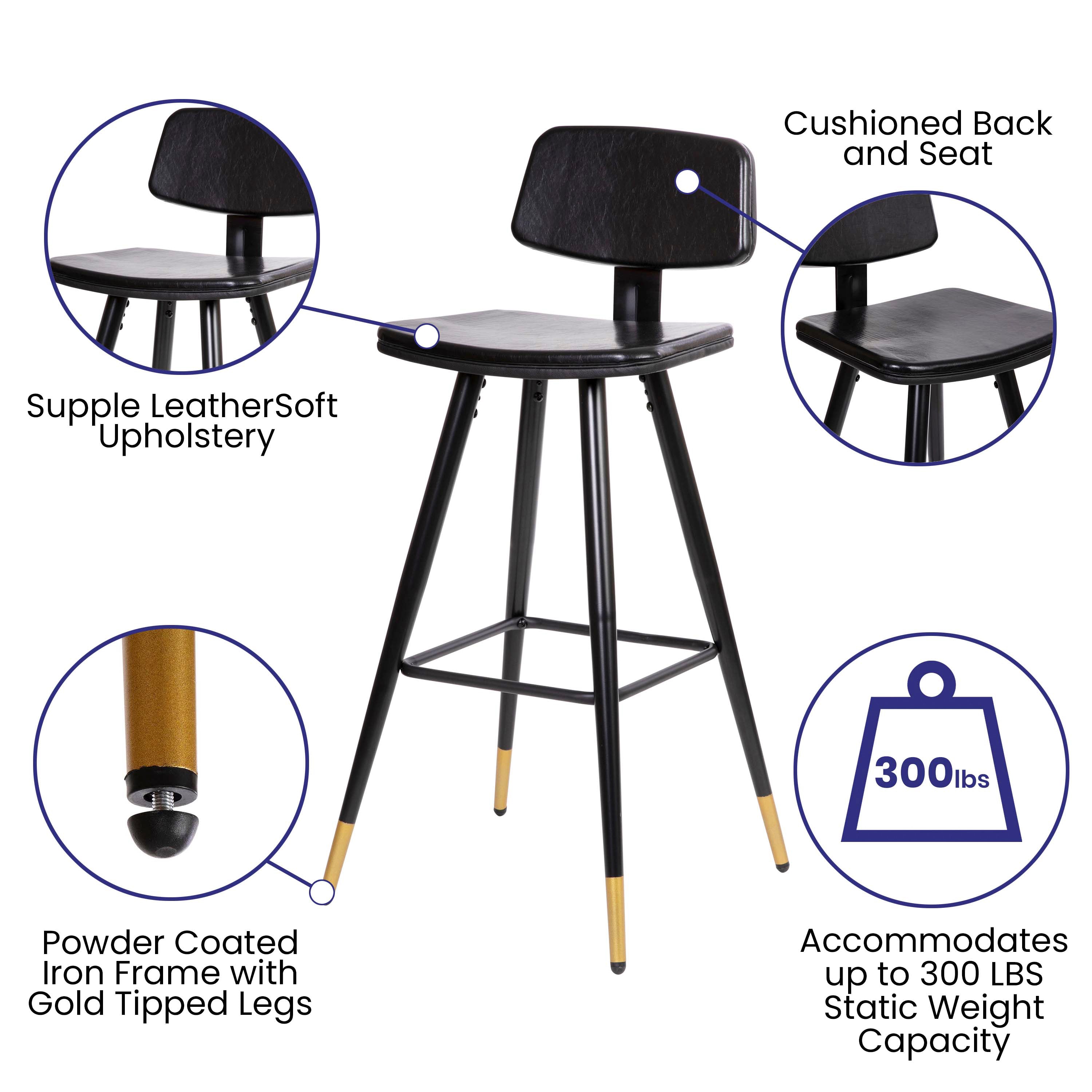 Kora Low Back Barstools-LeatherSoft Upholstery-Iron Frame-Integrated Footrest-Gold Tipped Legs-Set of 2