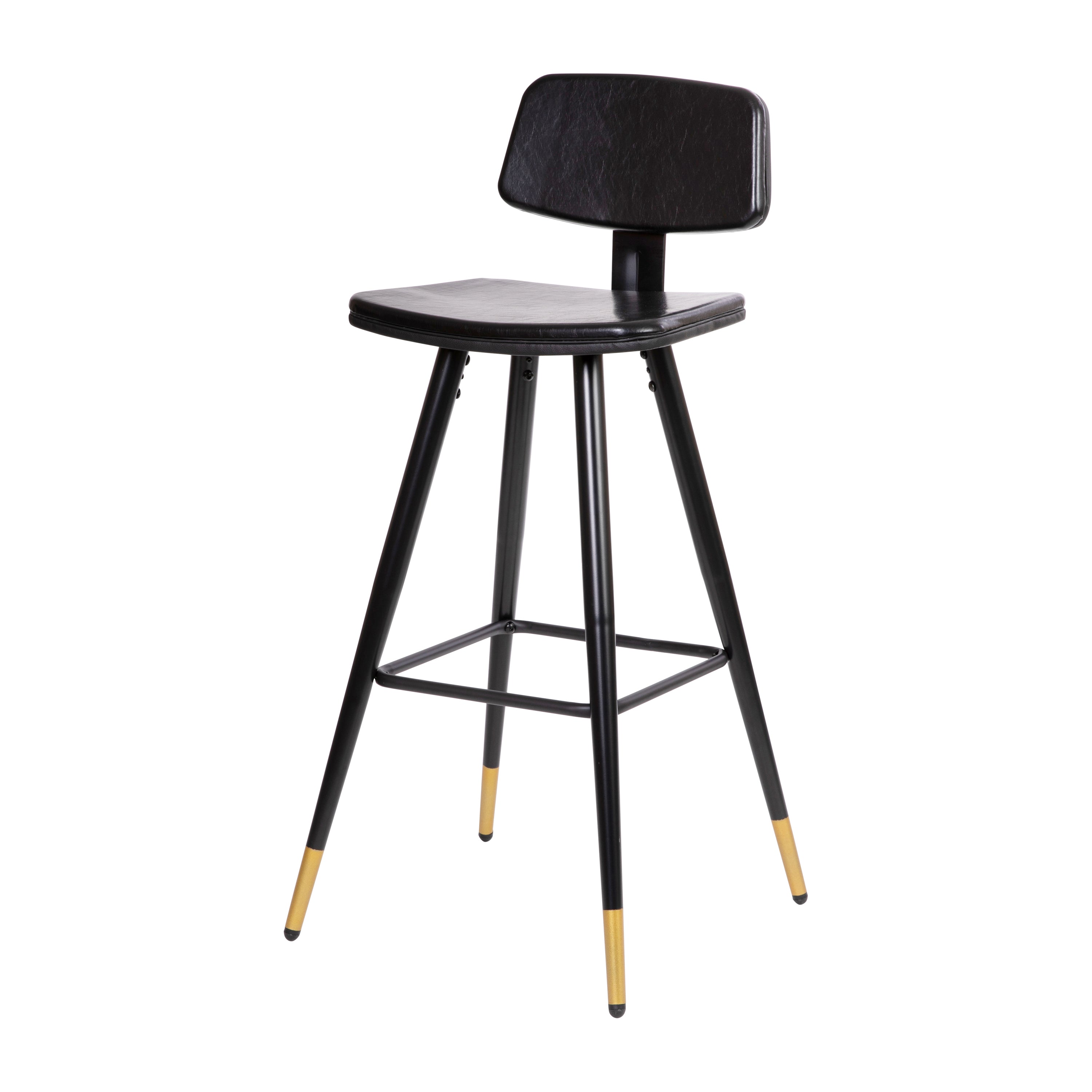Kora Low Back Barstools-LeatherSoft Upholstery-Iron Frame-Integrated Footrest-Gold Tipped Legs-Set of 2