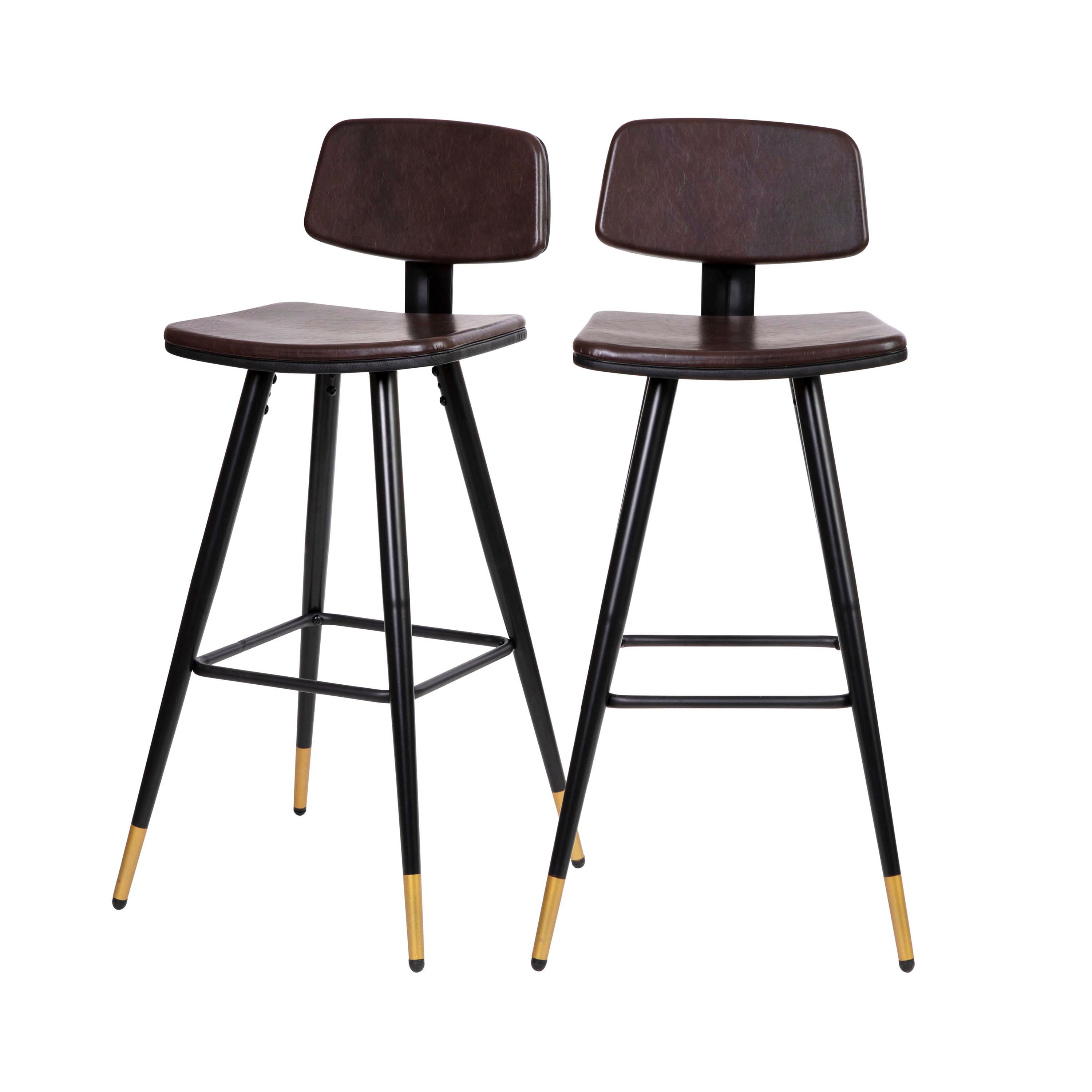 Kora Low Back Barstools-LeatherSoft Upholstery-Iron Frame-Integrated Footrest-Gold Tipped Legs-Set of 2