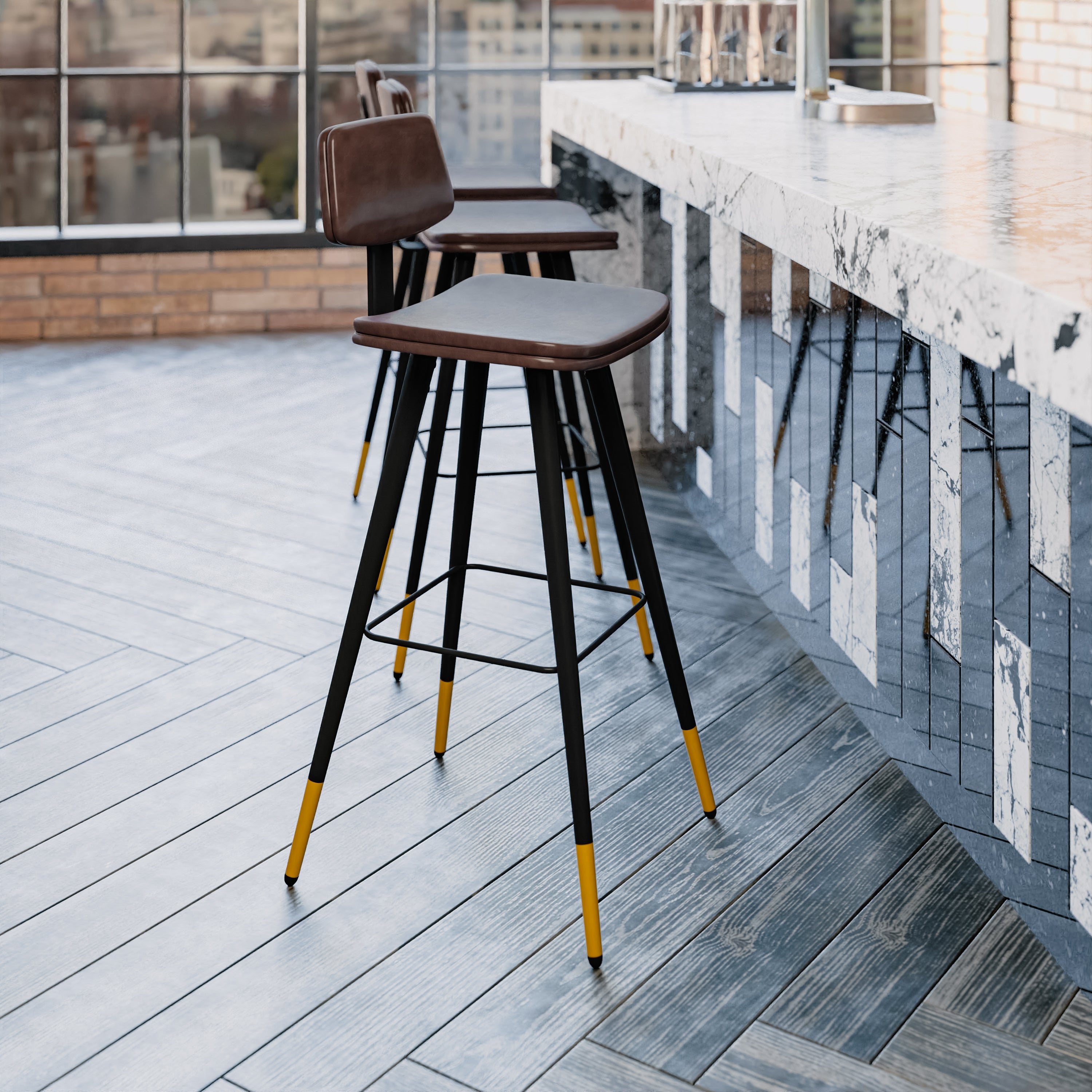 Kora Low Back Barstools-LeatherSoft Upholstery-Iron Frame-Integrated Footrest-Gold Tipped Legs-Set of 2