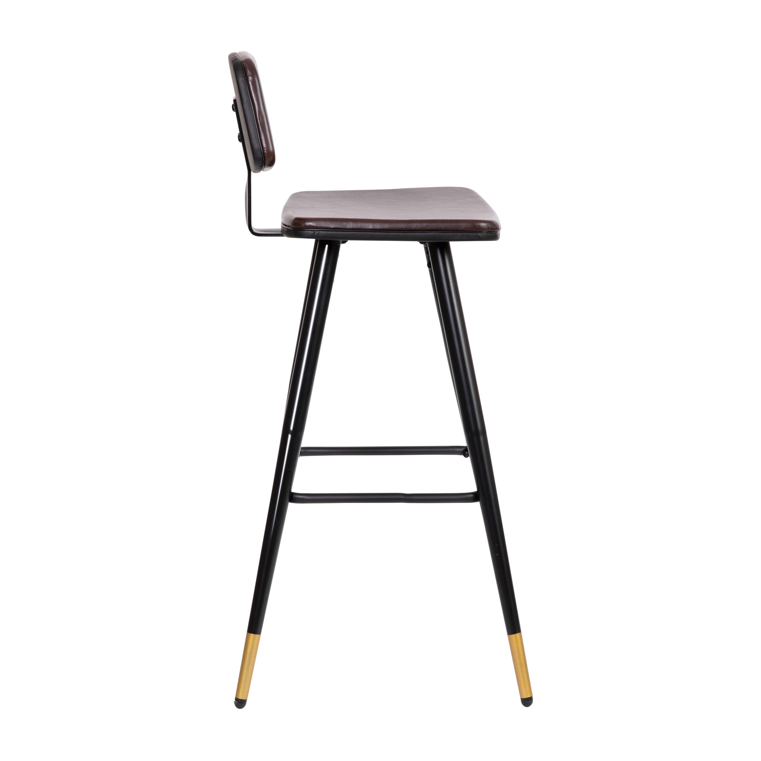Kora Low Back Barstools-LeatherSoft Upholstery-Iron Frame-Integrated Footrest-Gold Tipped Legs-Set of 2