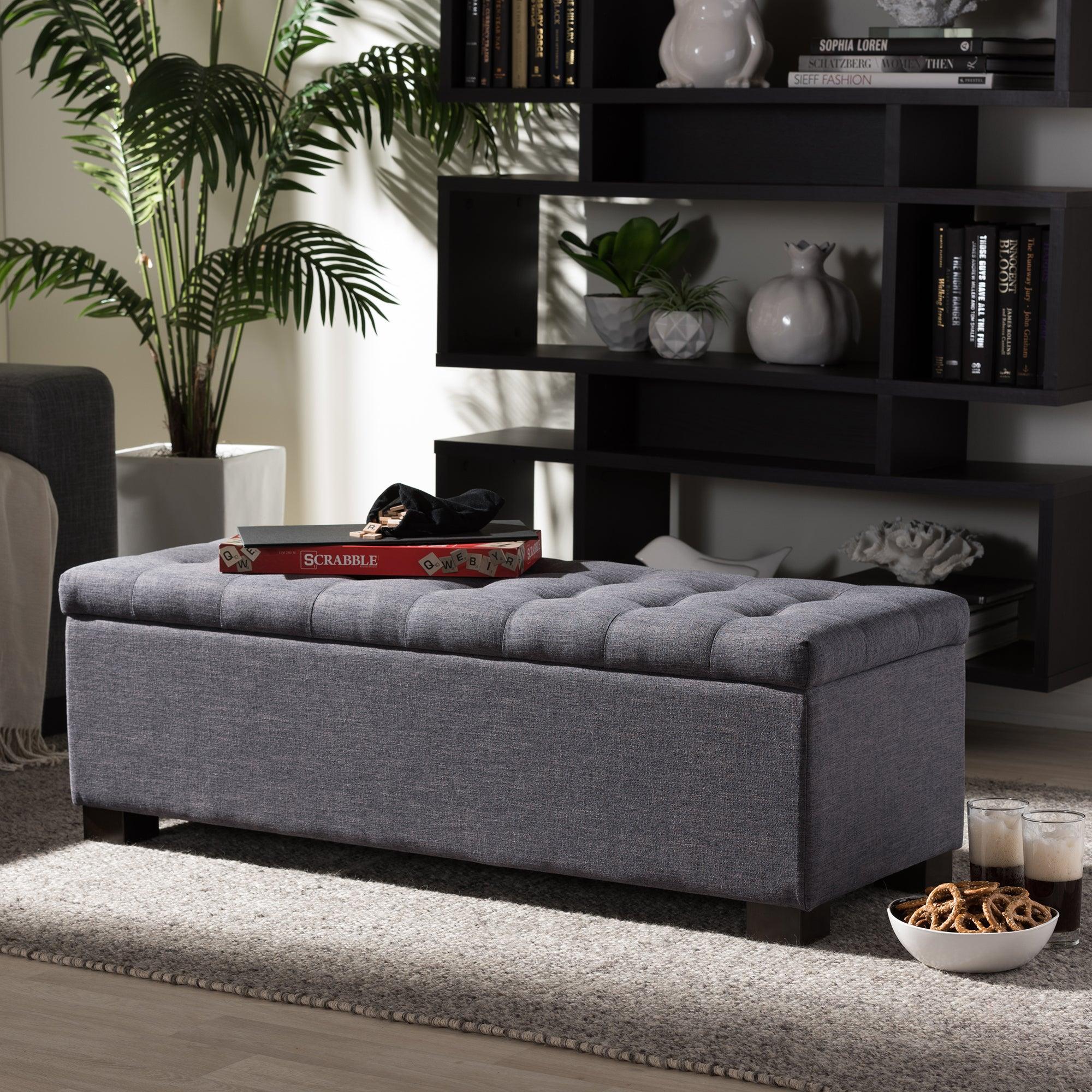 Roanoke Modern and Contemporary Dark Fabric Upholstered Grid-Tufting Storage Ottoman Bench