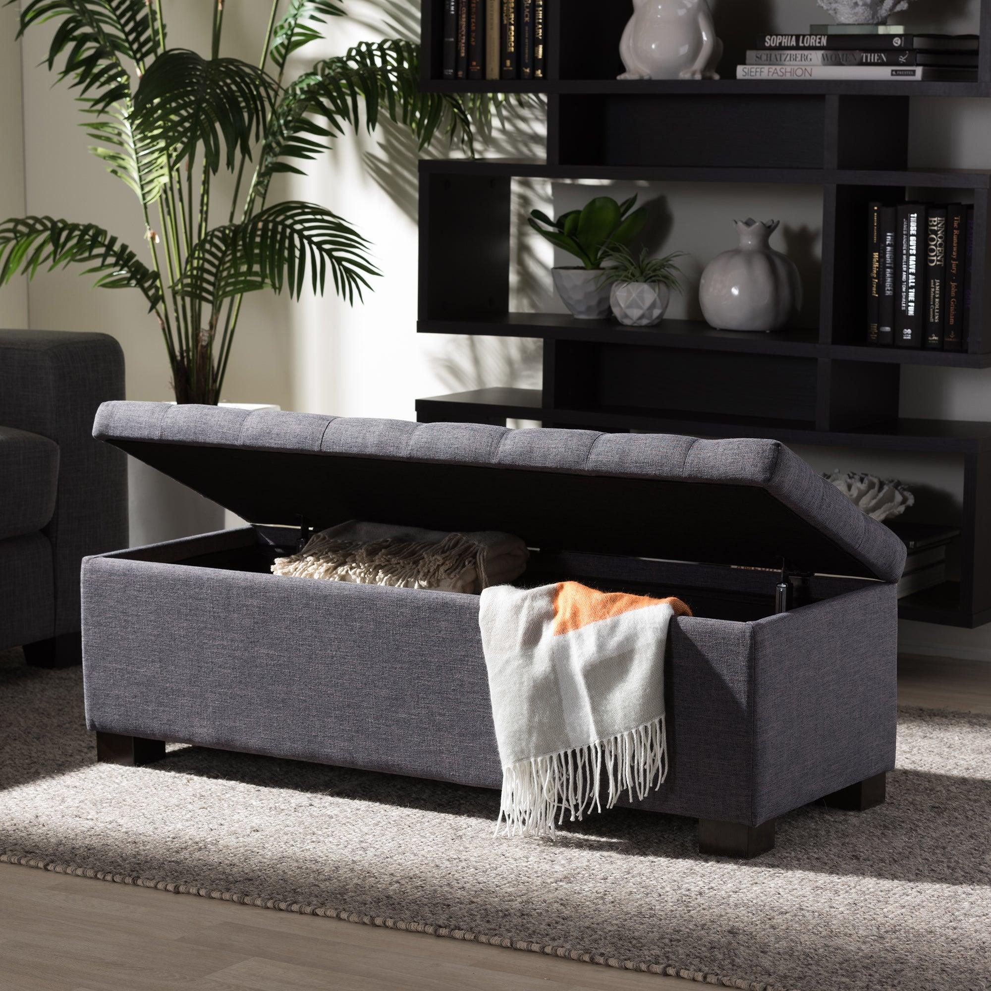Roanoke Modern and Contemporary Dark Fabric Upholstered Grid-Tufting Storage Ottoman Bench