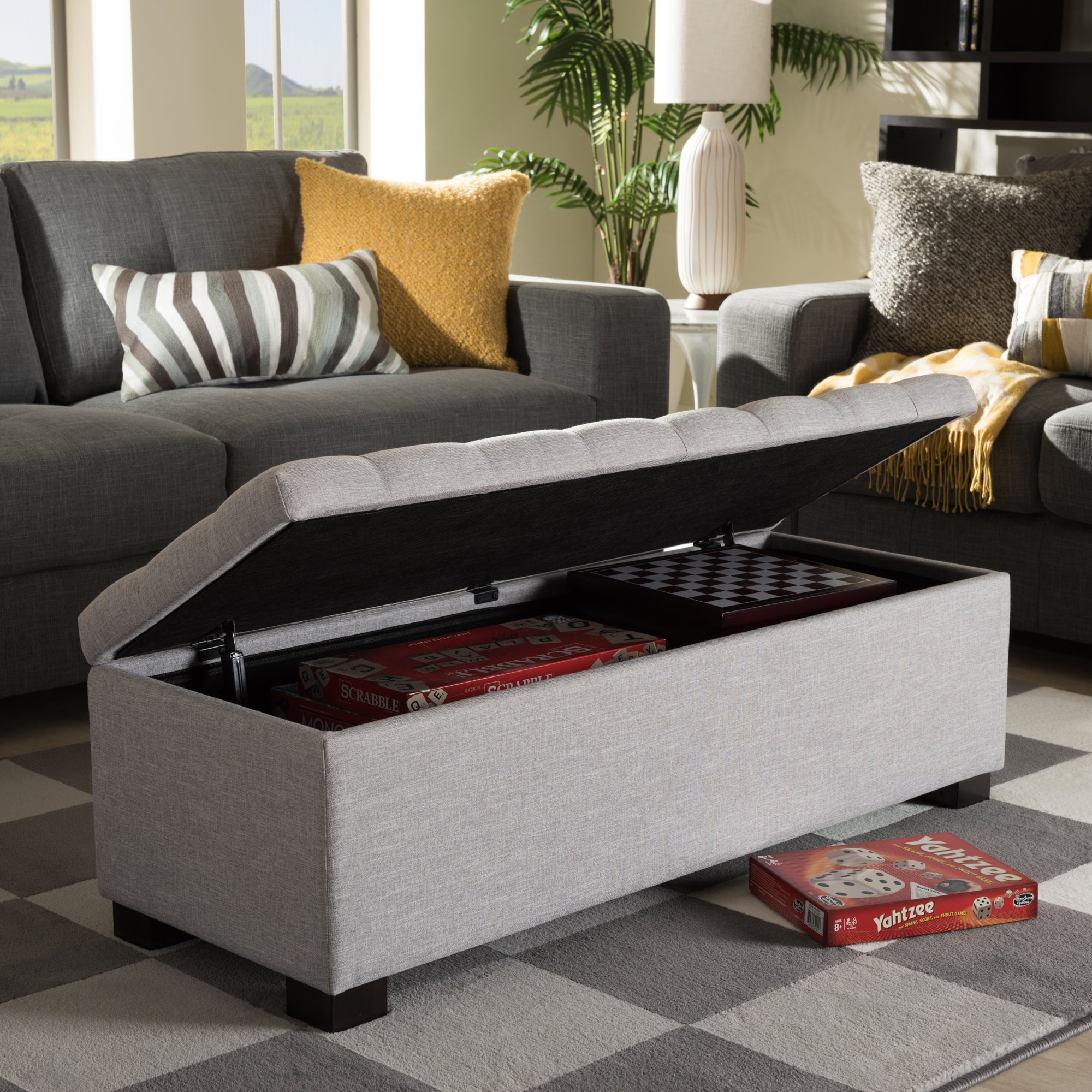 RoaNoke Modern and Contemporary Fabric Upholstered Grid-Tufting Storage Ottoman