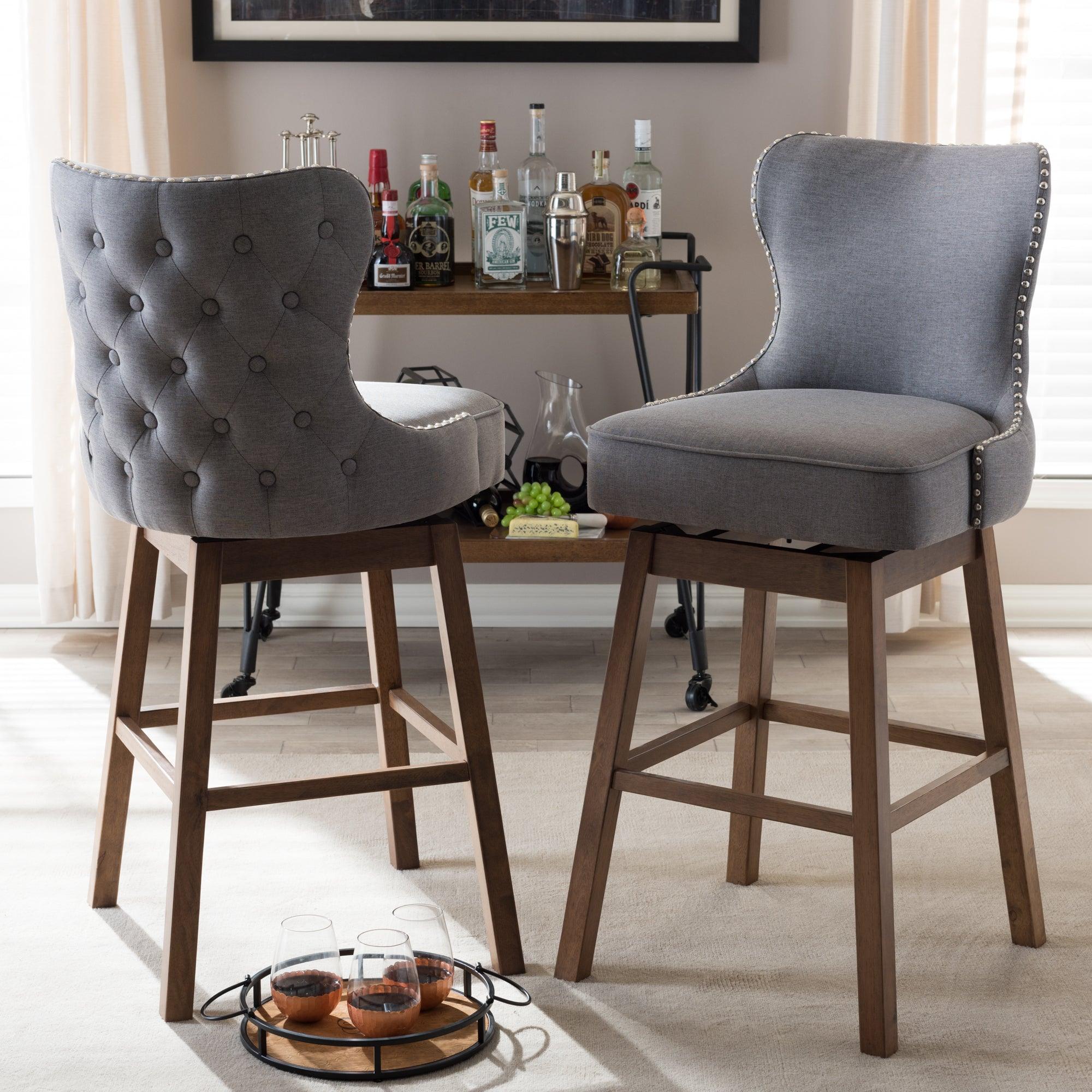 Gradisca Modern and Contemporary Wood Finishing and Fabric Button-Tufted Upholstered 2-Piece Swivel Barstool Set