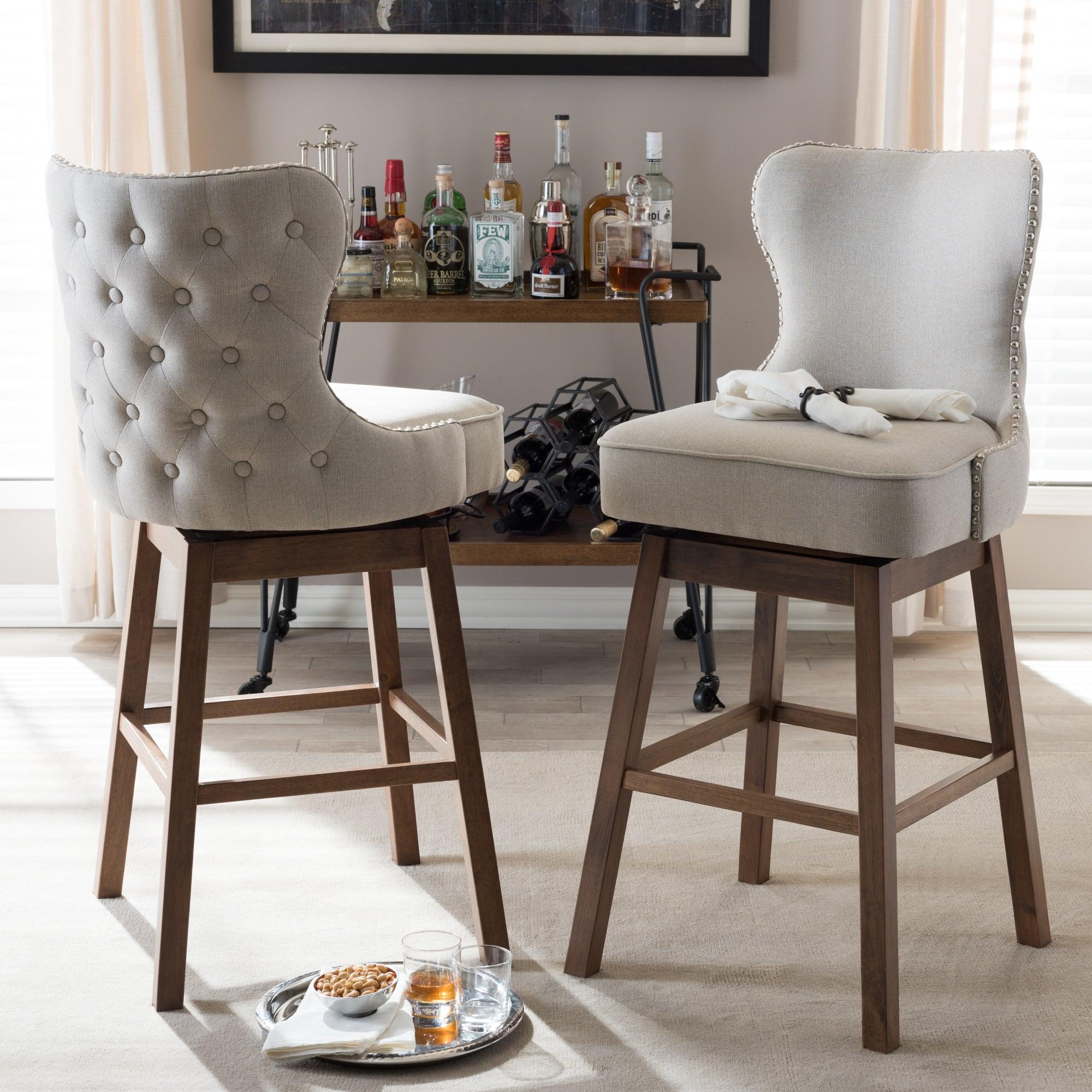 Gradisca Modern and Contemporary Wood Finishing and Light Fabric Button-Tufted Upholstered 2-Piece Swivel Barstool Set