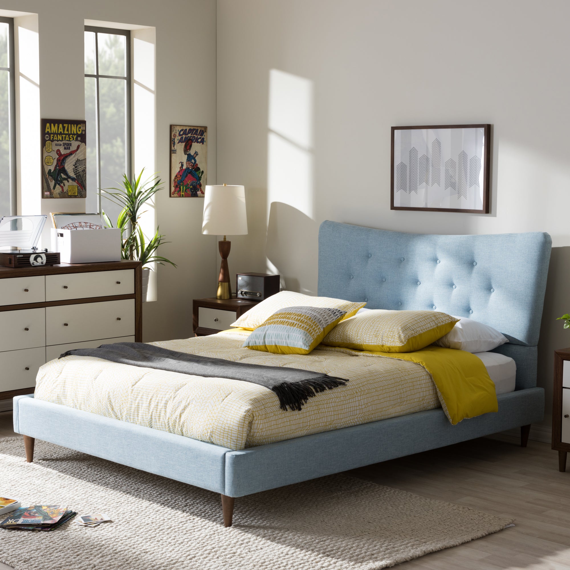 Hannah Mid-Century Modern Sky Fabric Platform Bed