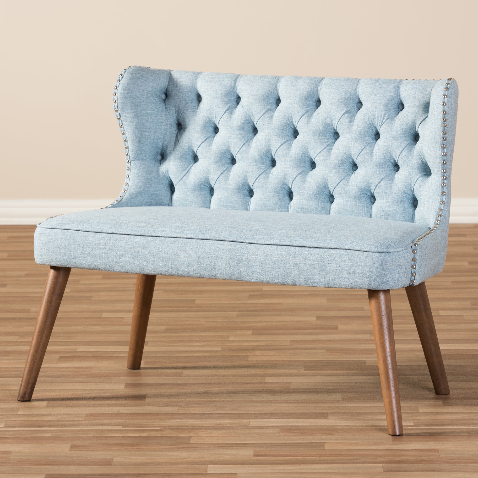 Scarlett Mid-Century Modern Wood and Light Fabric Upholstered Button-Tufting with Nail Heads Trim 2-Seater Loveseat Settee