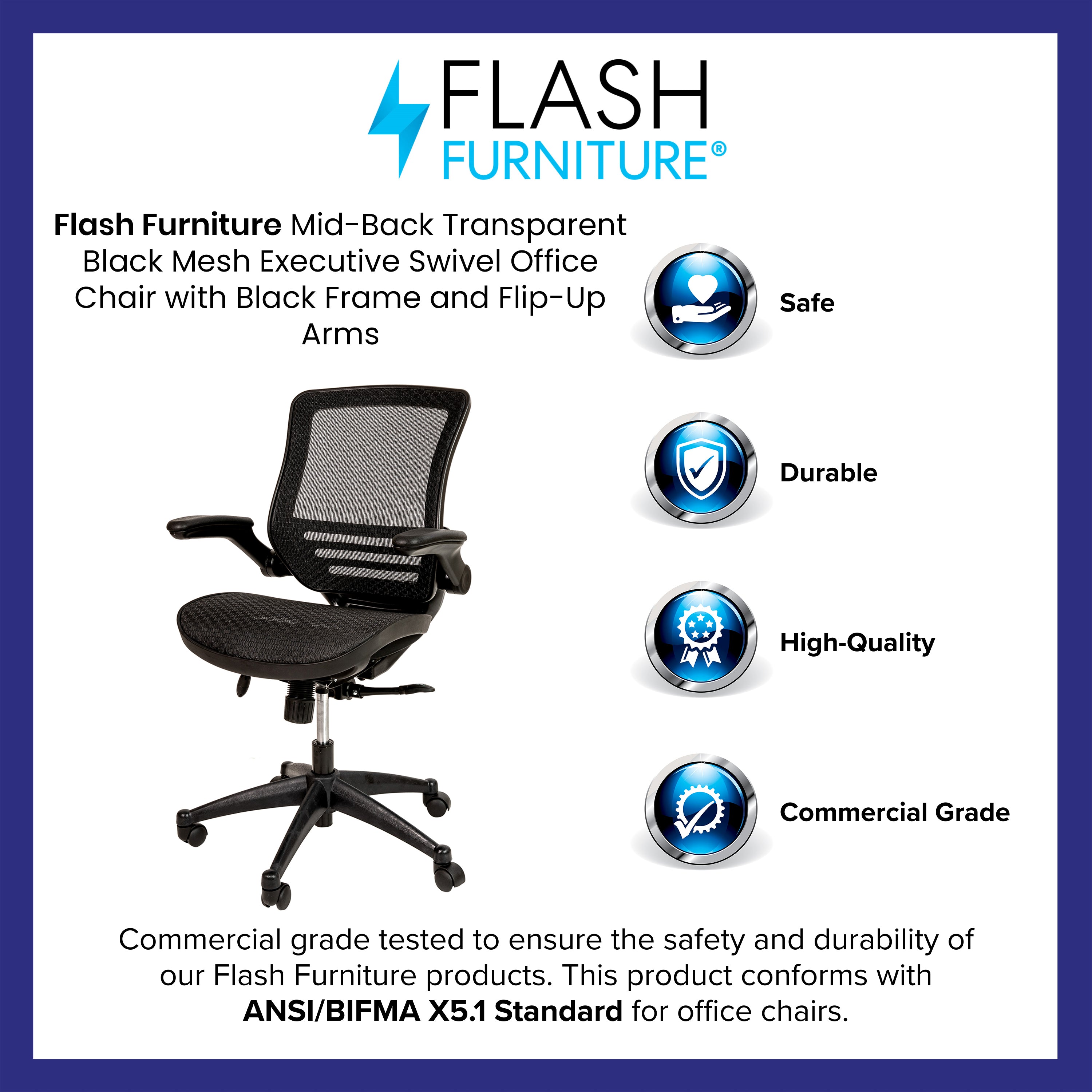 Mid-Back Transparent Mesh Executive Swivel Office Chair with Flip-Up Arms