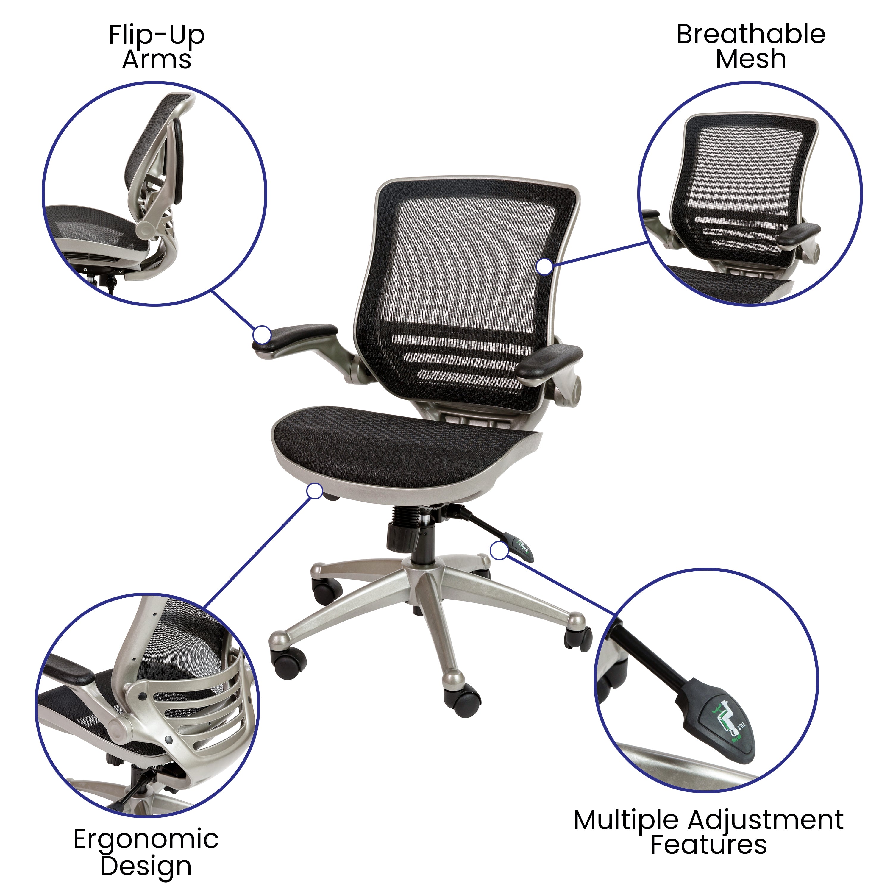 Mid-Back Transparent Mesh Executive Swivel Office Chair with Flip-Up Arms