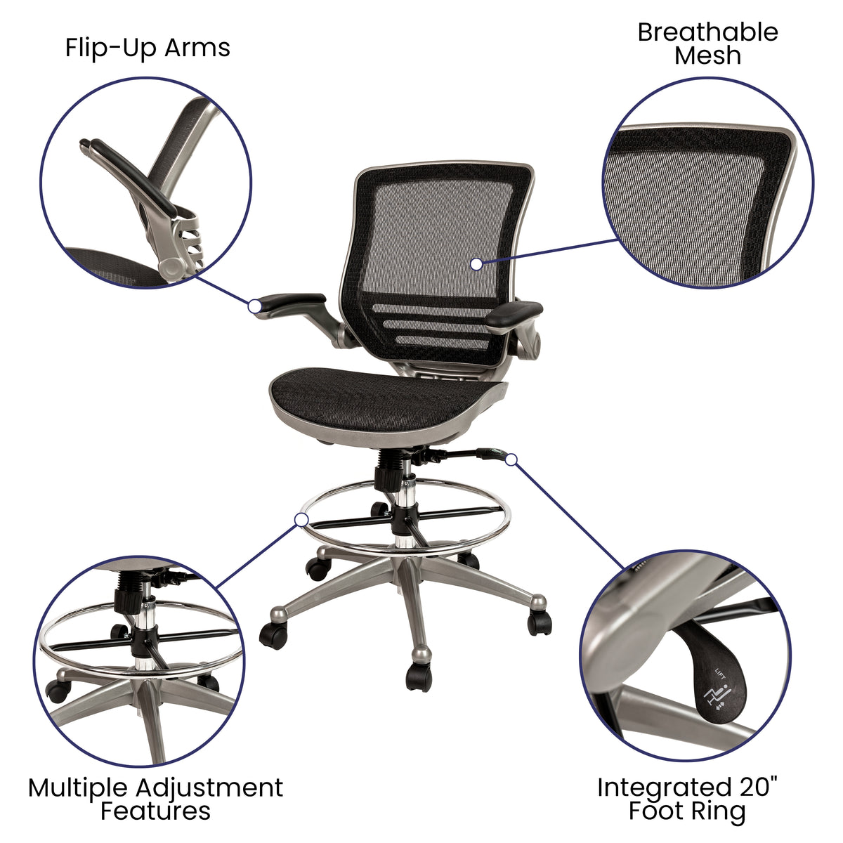Mid-Back Transparent Mesh Drafting Chair with Flip-Up Arms