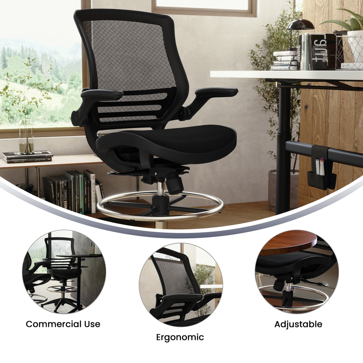 Mid-Back Transparent Mesh Drafting Chair with Flip-Up Arms