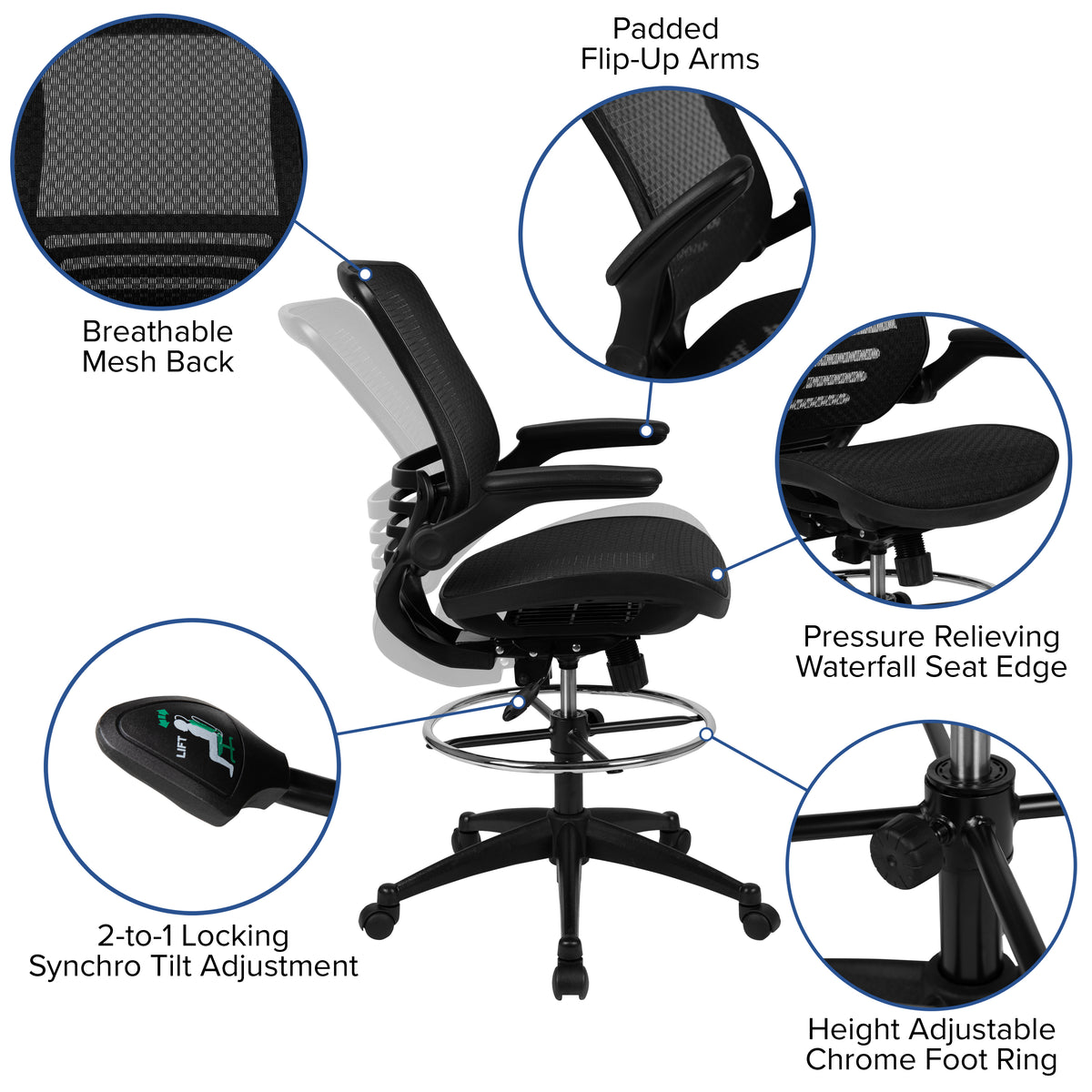 Mid-Back Transparent Mesh Drafting Chair with Flip-Up Arms