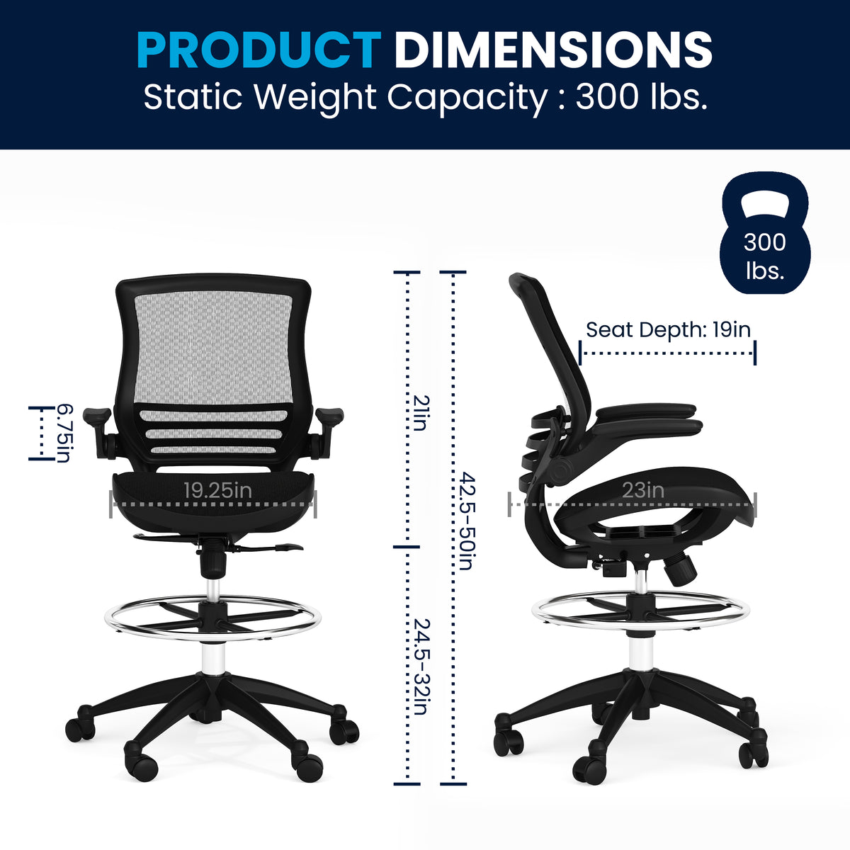 Mid-Back Transparent Mesh Drafting Chair with Flip-Up Arms