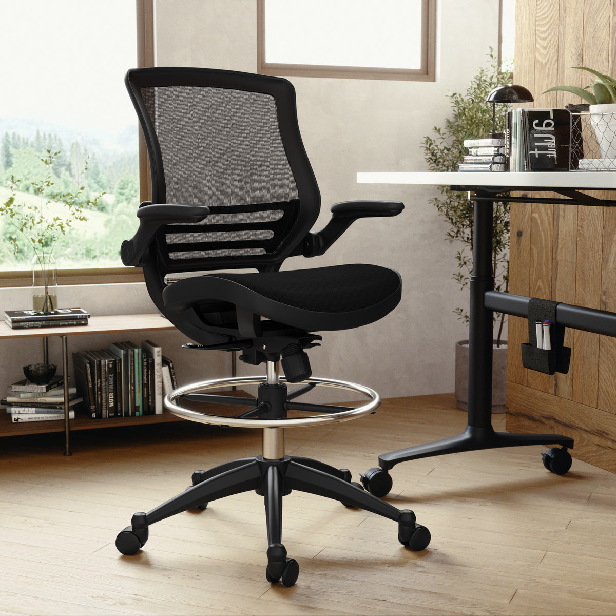 Mid-Back Transparent Mesh Drafting Chair with Flip-Up Arms