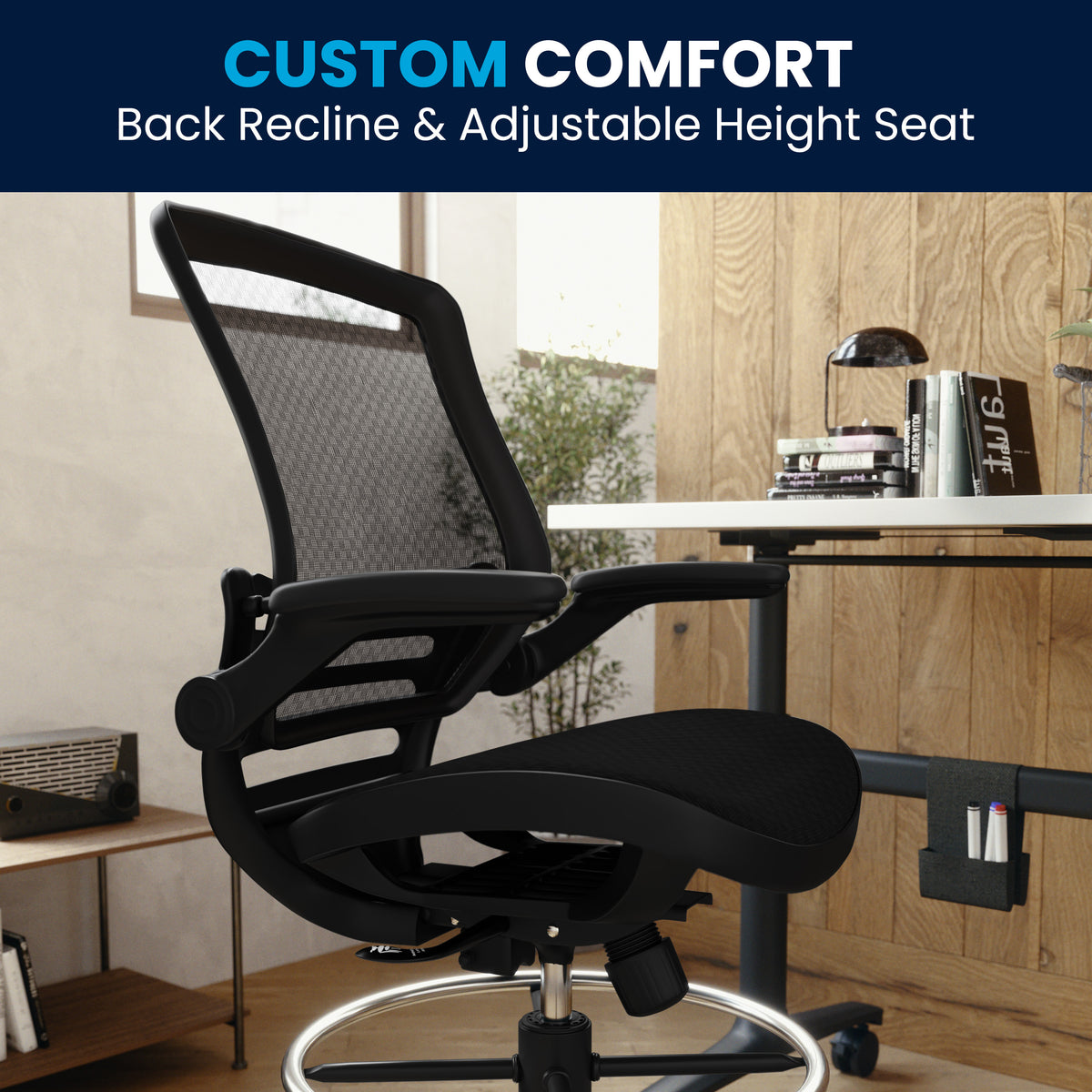 Mid-Back Transparent Mesh Drafting Chair with Flip-Up Arms