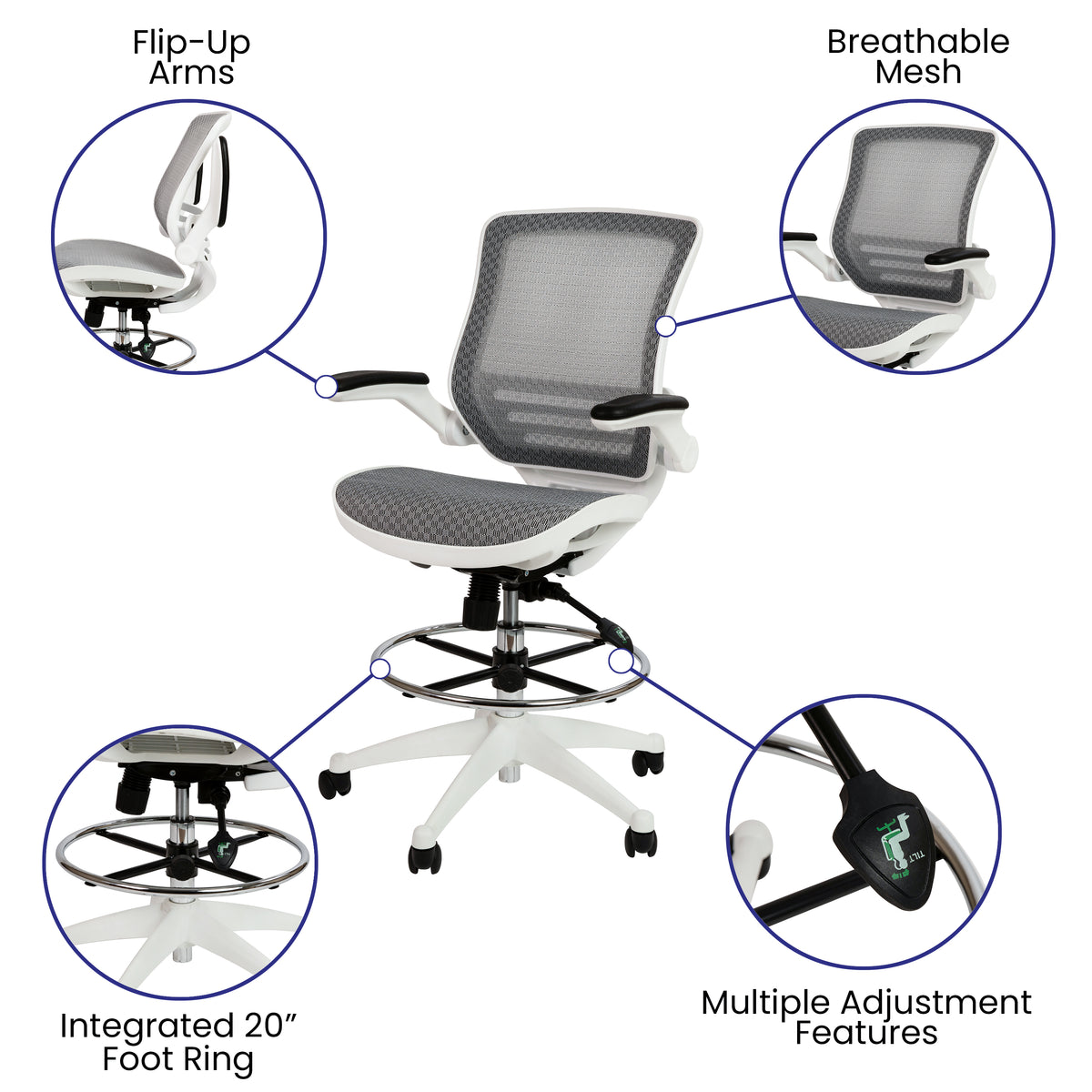 Mid-Back Transparent Mesh Drafting Chair with Flip-Up Arms