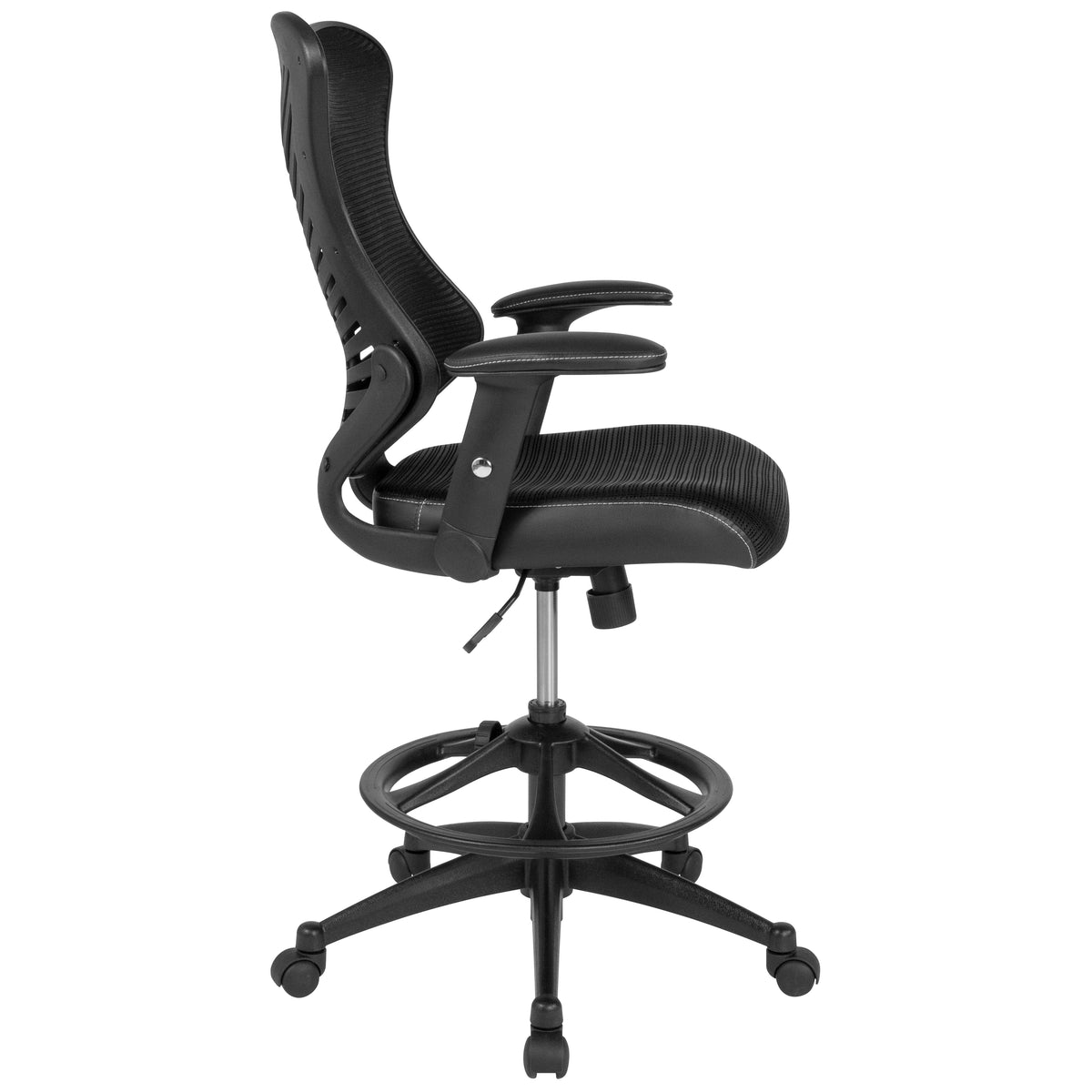 High Back Designer Mesh Drafting Chair with LeatherSoft Sides and Adjustable Arms