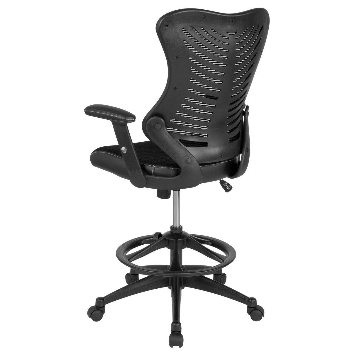 High Back Designer Mesh Drafting Chair with LeatherSoft Sides and Adjustable Arms