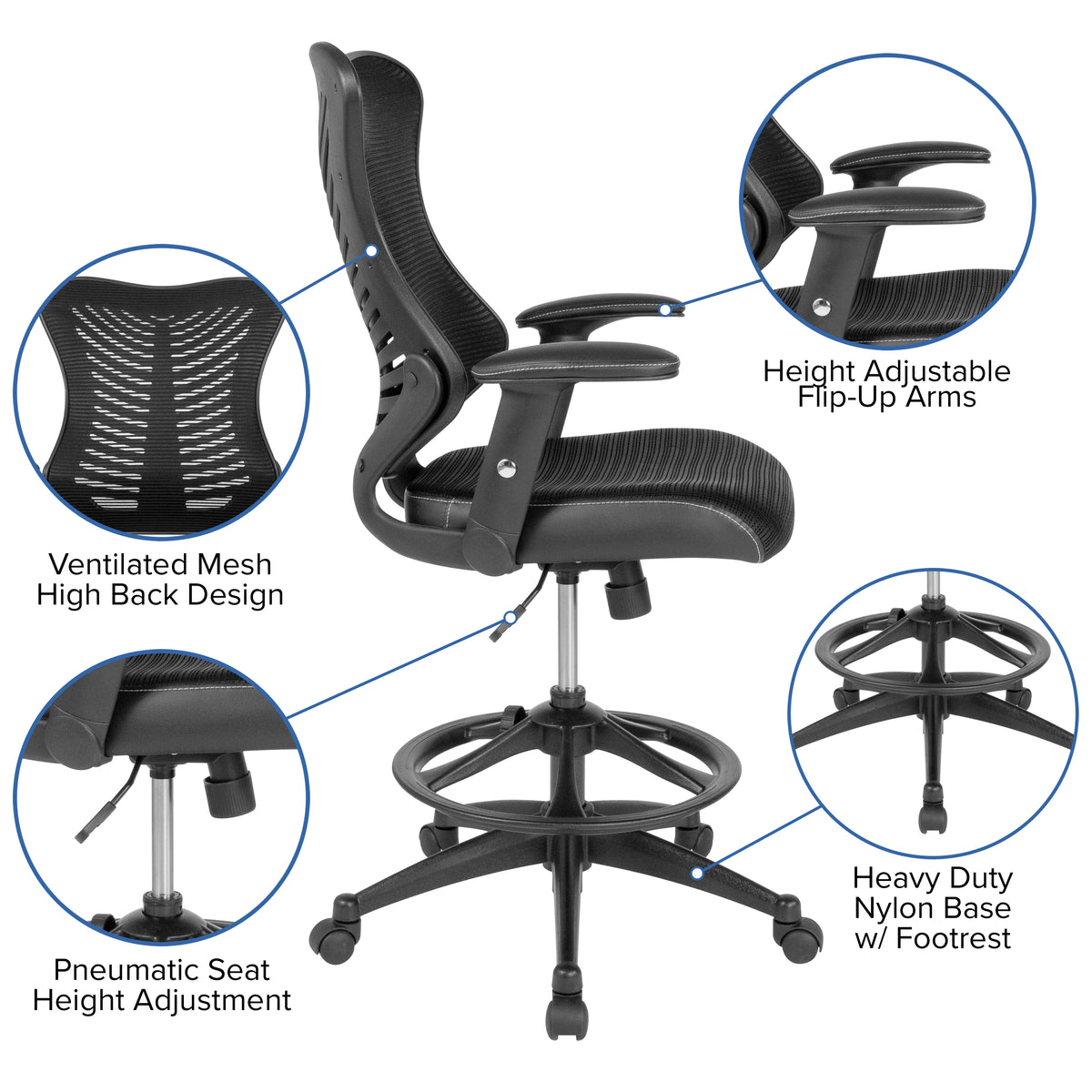 High Back Designer Mesh Drafting Chair with LeatherSoft Sides and Adjustable Arms